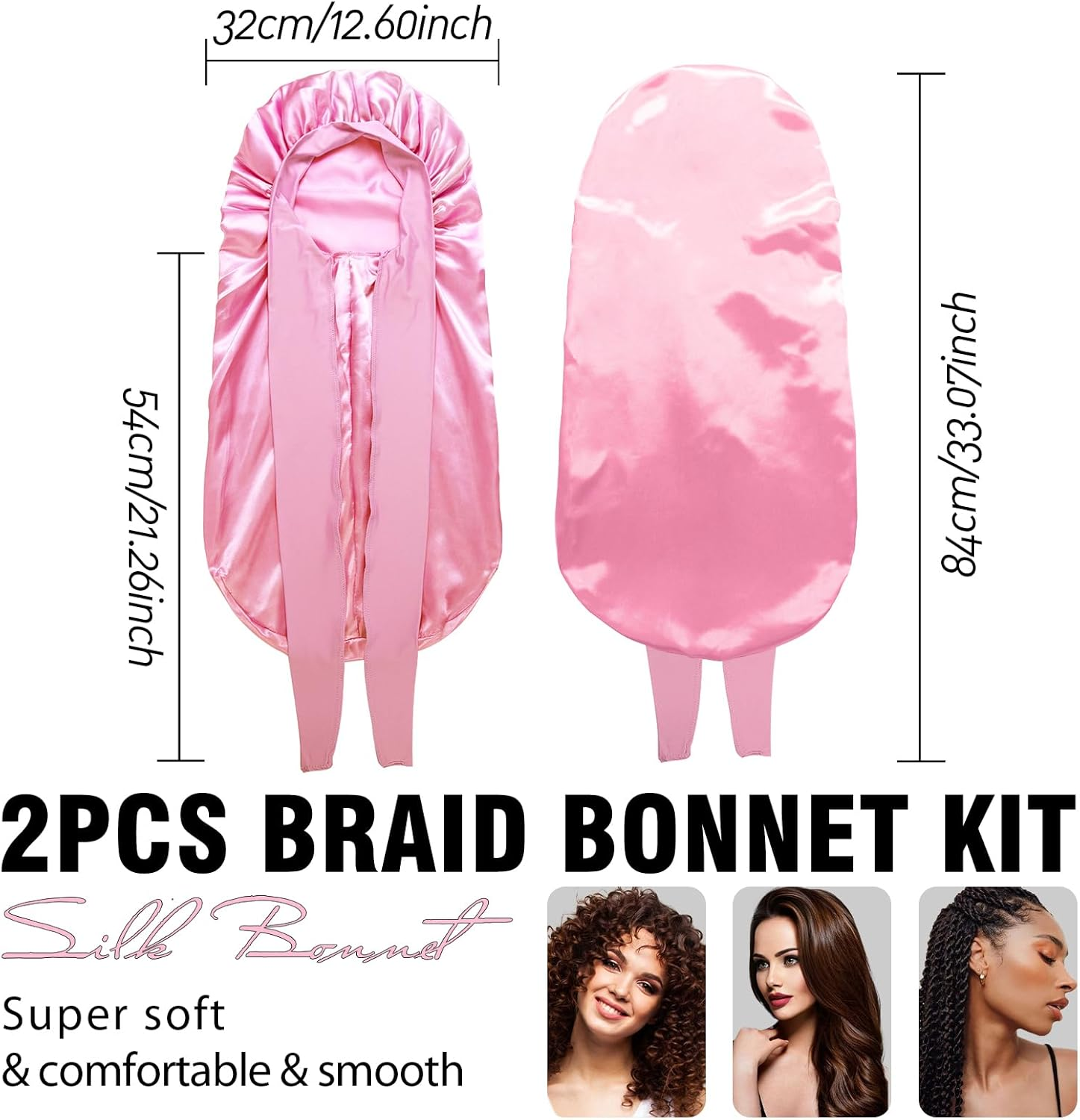 Bonnets for Black Women Braid Bonnet, Large Long Satin Bonnet for Braids, Silk Bonnet with Stretchy Tie Band Sleep Cap Hair - 2Pcs-Black-Silver Pattern image number 2