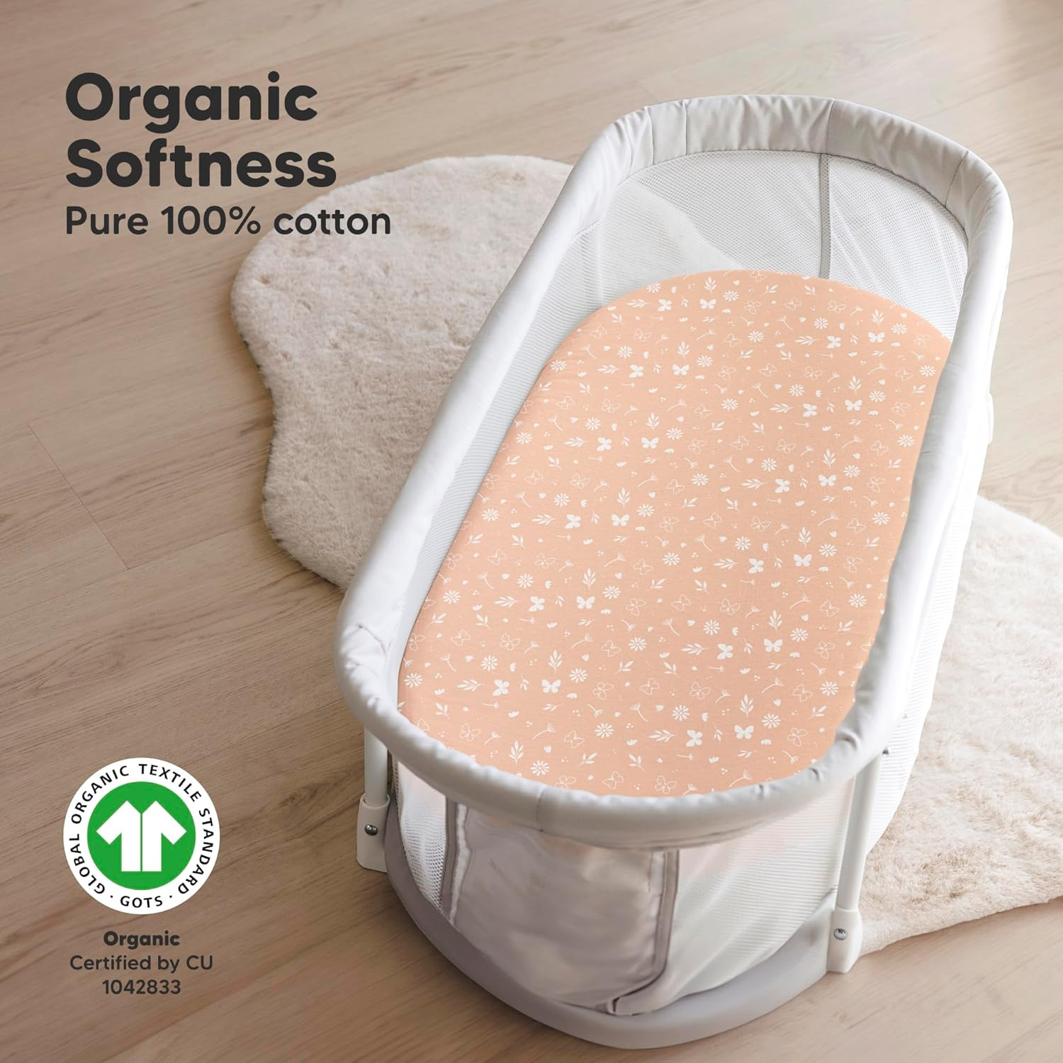 2-Pack Organic Bassinet Sheets for Girls, Boys -100% Cotton Bassinet Mattress Sheets Compatible with Halo Bassinest Swivel Sleeper, Graco,Baby Delight, Chicco,Unisex Fitted Bassinet Sheet(Butterflies) image number 2