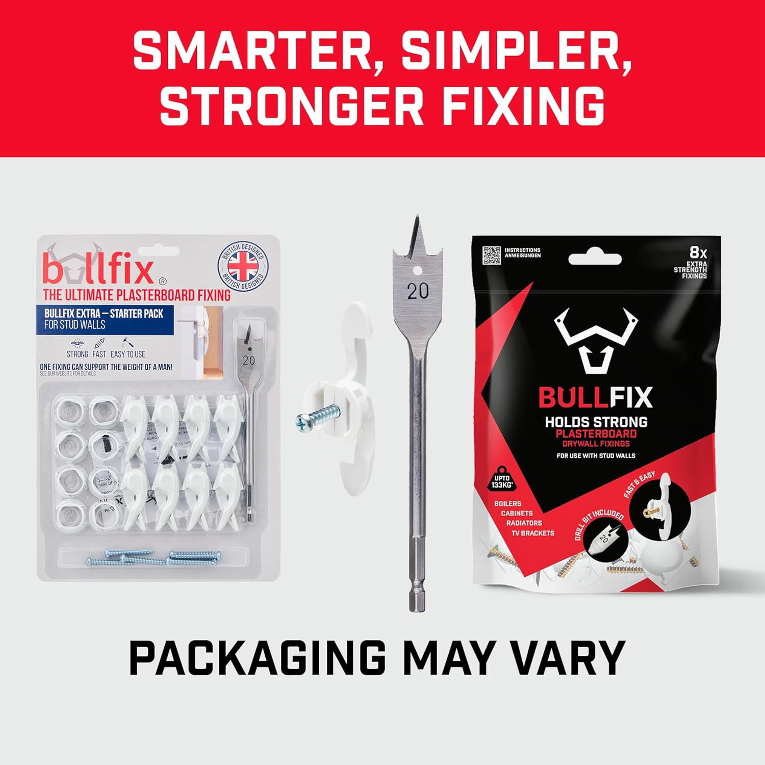 Bullfix 'Extra' Starter Pack - Heavy Duty Plasterboard Fixings for Stud Walls, Hollow & Cavity Wall Fixing, Superior to Drywall Anchors & Snap or Spring Toggle Fittings, up to 133Kg, DIY & Trade image number 2