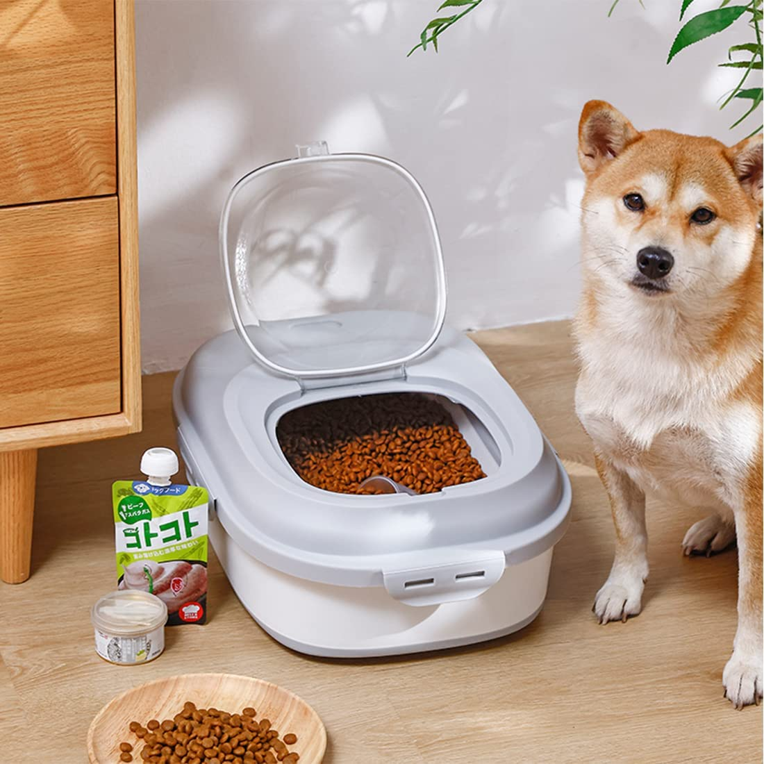 REASOR Dog Food Storage Container,Collapsible 15 Kg Large Capacity Dispenser Bin with Rolling Wheel Airtight Locking Lid,Dog Pet Cat Flour Sugar Kitchen Rice Leakproof Sealable Drying Barrel (Grey) image number 1