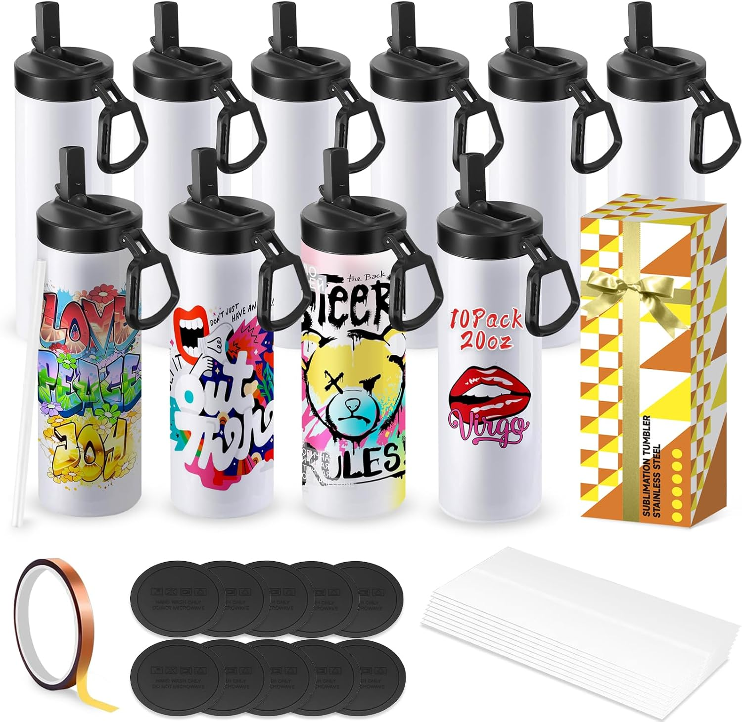 Sublimation Blank Tumbler, 4 Pack, 20Oz Sports Wide Mouth Stainless Steel Water Bottle, Vacuum Flask with Portable Handle and Straw for Press Machine Sublimation Print (Tumbler 24Pcs)