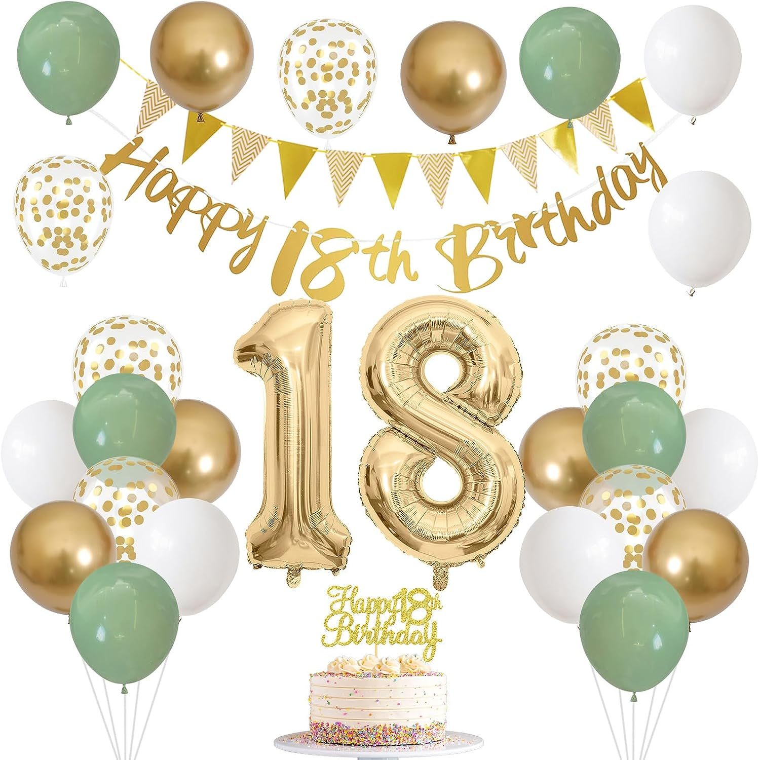 Sage Green 50Th Birthday Decoration with Banner, Garland, Number 50 Balloons, Cake Decoration, Gold Party Balloons for 50 Years Celebration