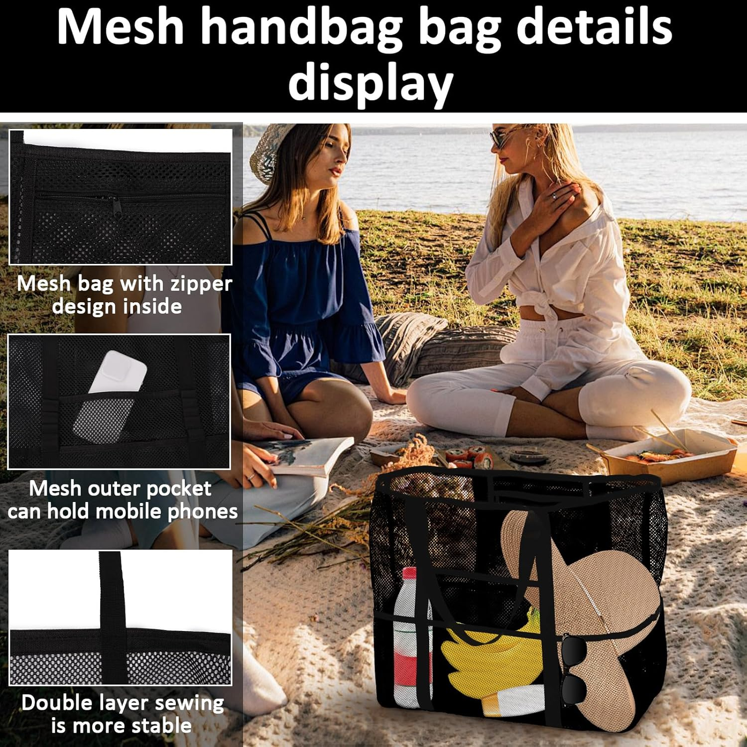 ZFLYCANP Portable Mesh Shower Bag Caddy with 8 Pockets and Handles, Toiletry Bath Organizer, Toiletry Bath Organizer for Bathroom Gym Travel Camp Beach (Black) image number 3