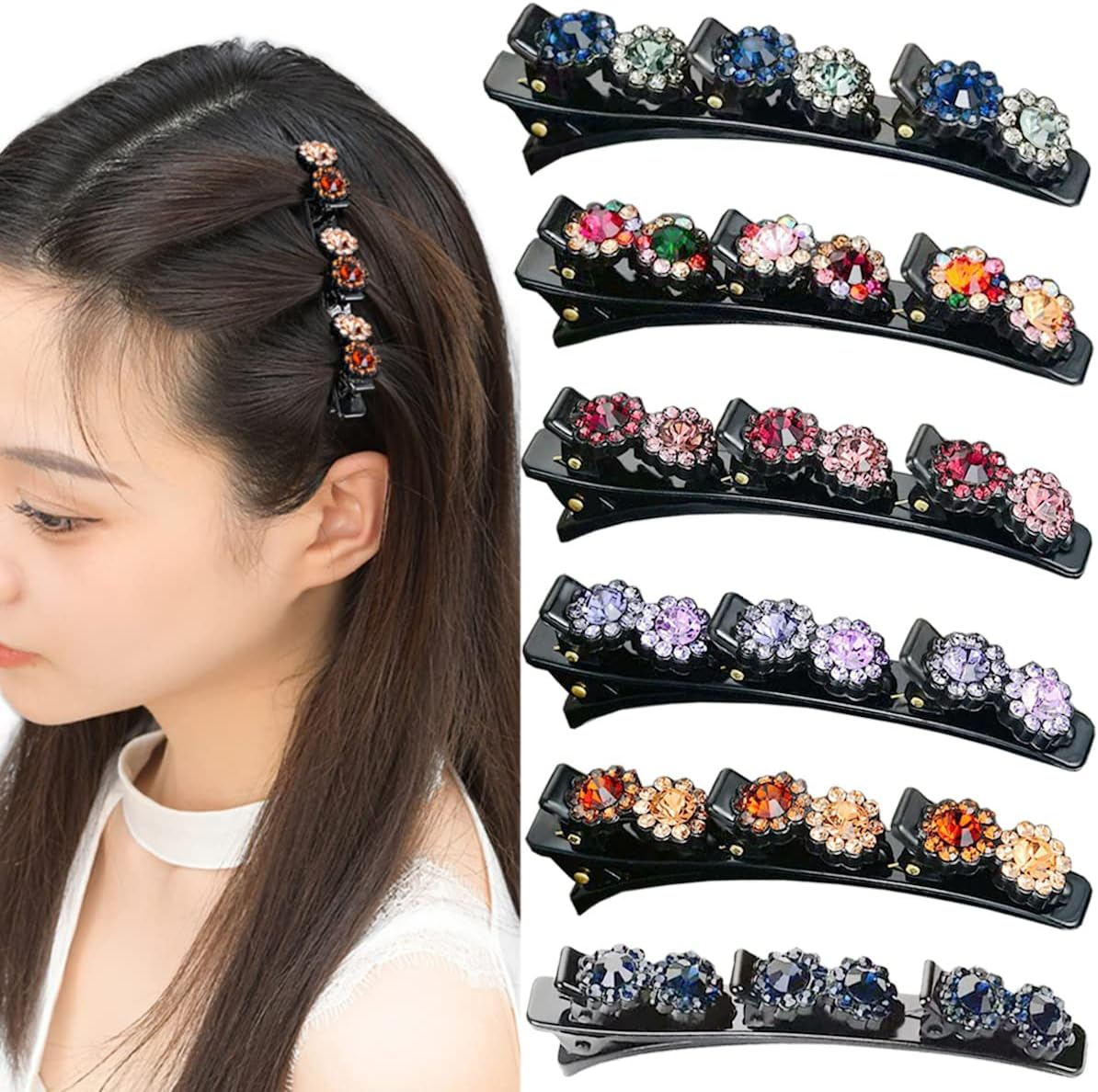 Yusier 6PCS Sparkly Rhinestone Braided Hair Clips Small Flower Hair Accessories Hair Design for Girls and Women Braided Duckbill Hair Clip with Crystal