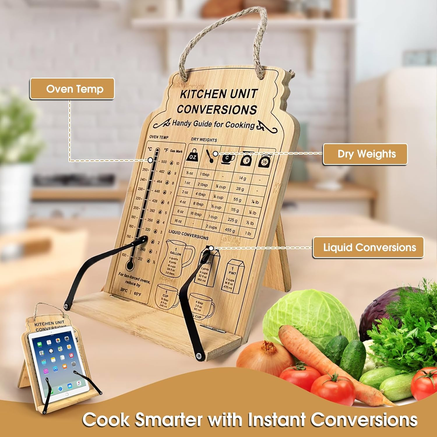 Bamboo Cookbook Stand,Recipe Book Stand with Measurement Conversion Chart,Foldable Cookbook Holder with Flexible Page Holder Clips,Adjustable Reading Holder Stand image number 1