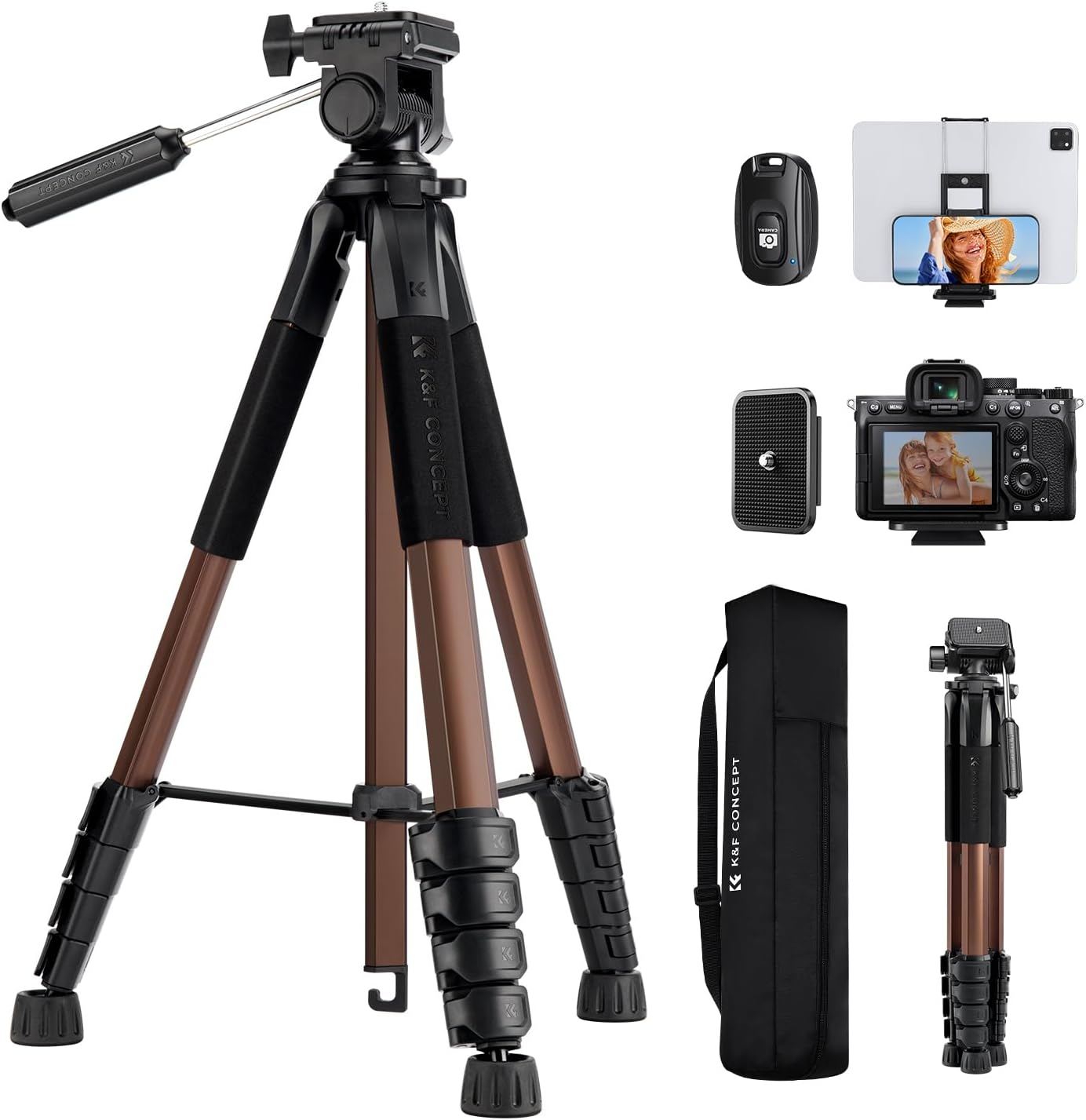 190Cm/75'' K&F Concept Compact Tripod for DSLR Camera, Camera Tripod for Canon Nikon Sony with 2-In-1 Phone Tablet Holder, Travel Tripod with Bluetooth, Load Capacity 4Kg (Bronze Gold) image number 6