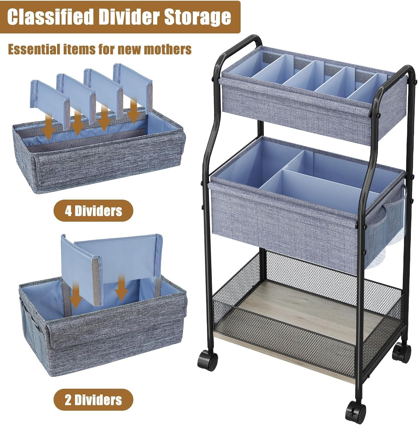 3-Tier Baby Diaper Caddy Organizer Cart with Dividers & Side Pockets, Mobile Metal Utility Cart with Rolling Wheels for Nursery Essentials, Large Capacity Rolling Carts for Crib, Bedroom, Bathroom image number 1