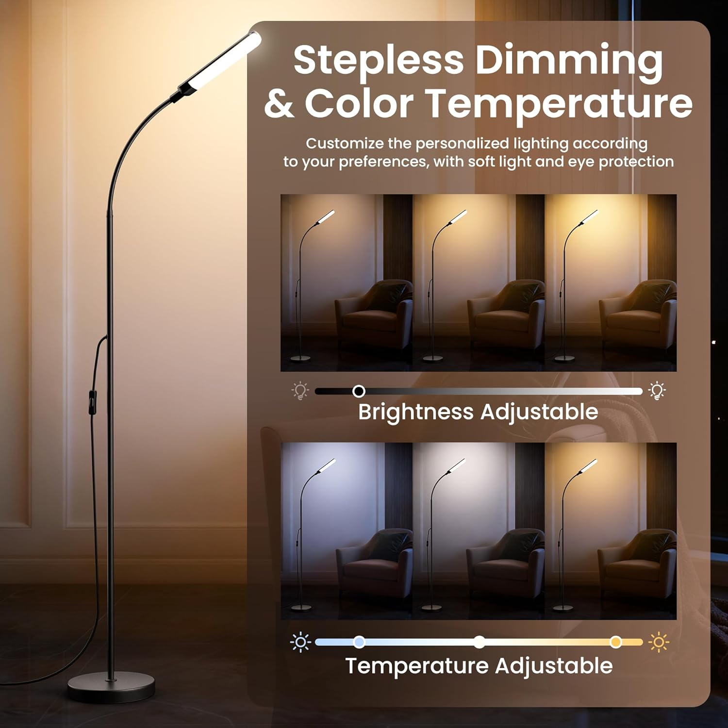 LED Floor Lamp, 1300Lm Standing Lamp with 4 Scene Modes, 175Cm Conner Lamp with Stepless Dimming/Color Temperature, 360&deg;Rotatable Neck Floor Lamps for Living Room, Office, Reading, Bedroom image number 5