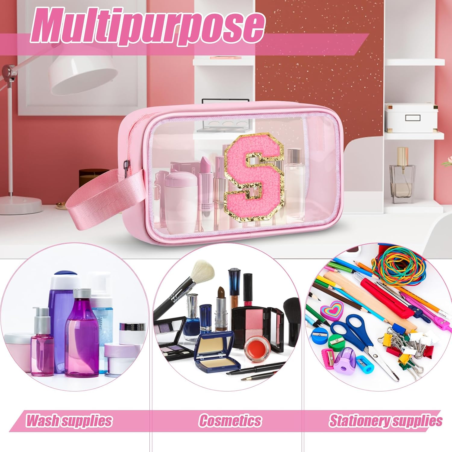 Vodolo Initial Makeup Bag,Letter Cute Clear Monogrammed Cosmetic Travel Bag for Womens Girls,Personalized Pink Aesthetic Traveling Make up Organizer Bag for Beach,Waterproof Toiletry Bag, Pink, S image number 2