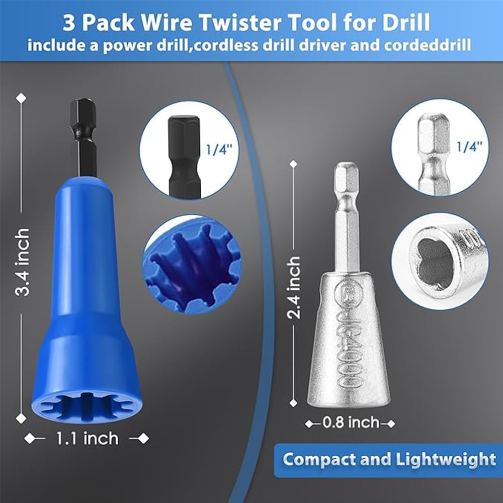3 Pack Wire Twister Tool for Drill with 1/4" Hex Shank,Electrician Tools Wire Nut Twister for Drill,Drill Wire Twister Quick Wire Connector Wire Twisting Tool image number 2