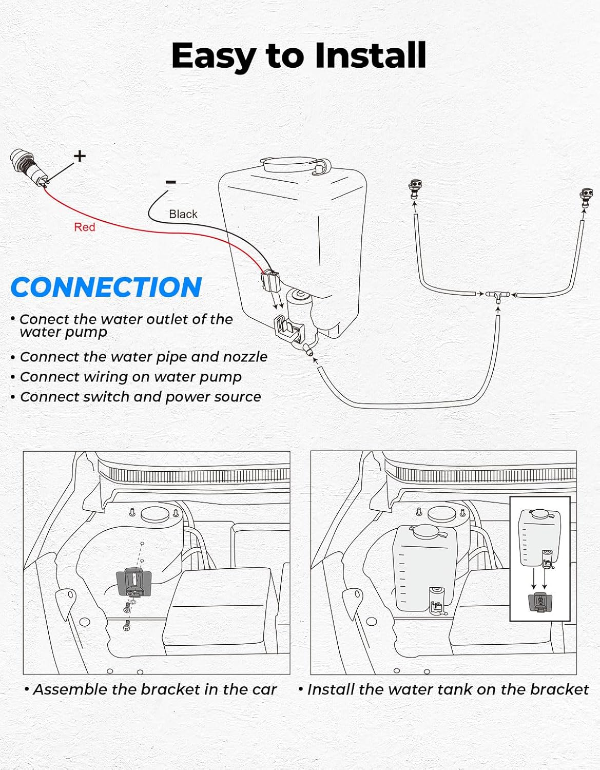 KEMIMOTO Windshield Washer Fluid Reservoir, 12V Universal Car Windshield Washer Pump Washer Fluid Reservoir Bottle with Spray Switch Button Easy to Install image number 5