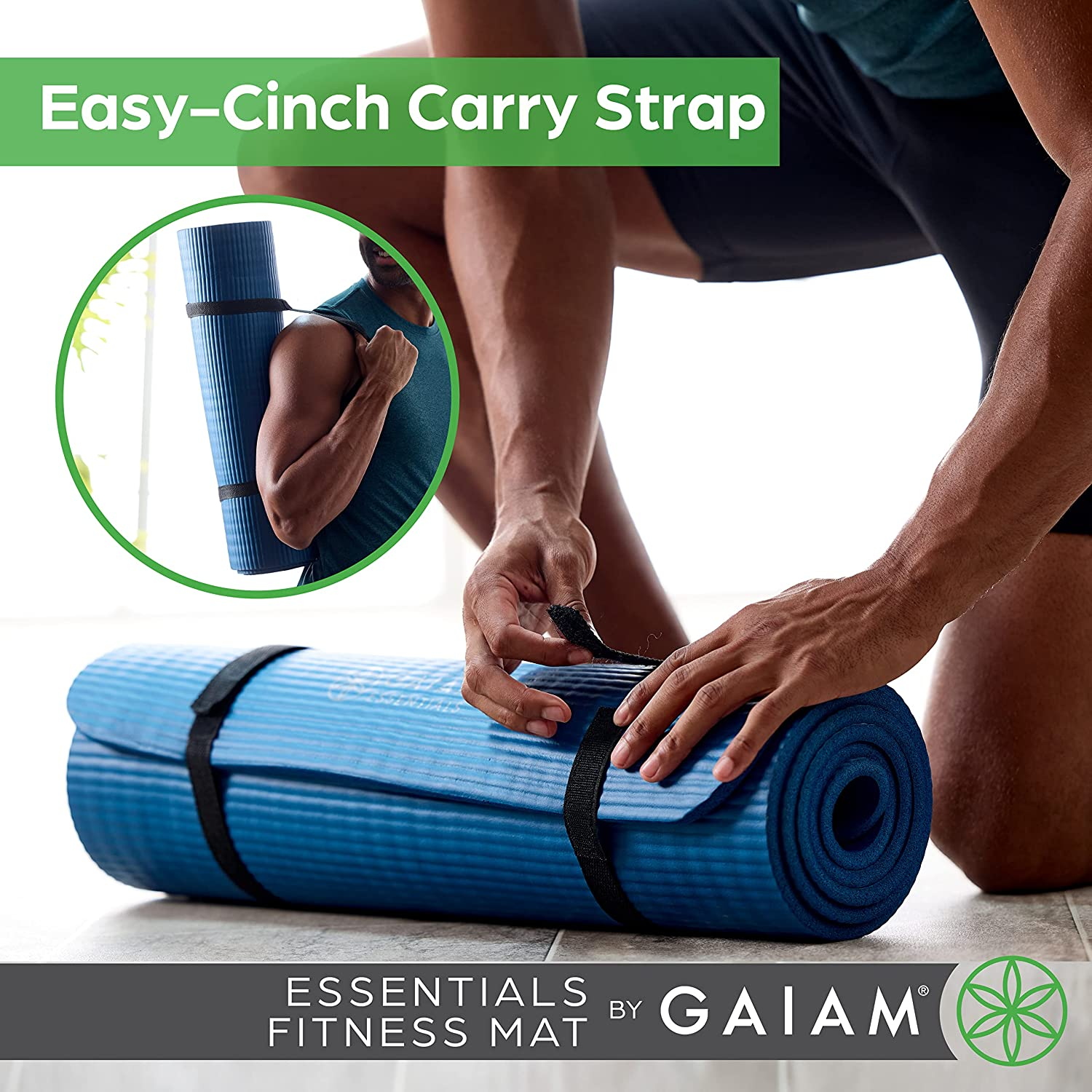 Gaiam Essentials Thick Yoga Mat Fitness & Exercise Mat with Easy-Cinch Yoga Mat Carrier Strap, 72"L X 24"W X 2/5 Inch Thick - Black image number 3