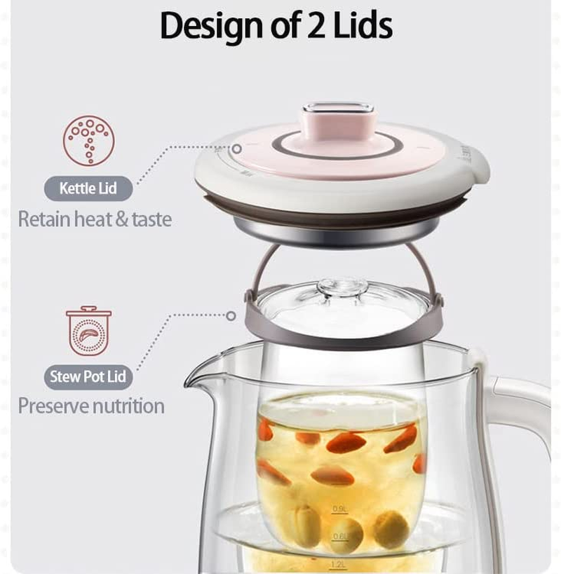 Electric Kettle Tea Maker with Infuser, Glass Kettle & Stew Pot, 16 Menus 1.8L, Pink image number 2