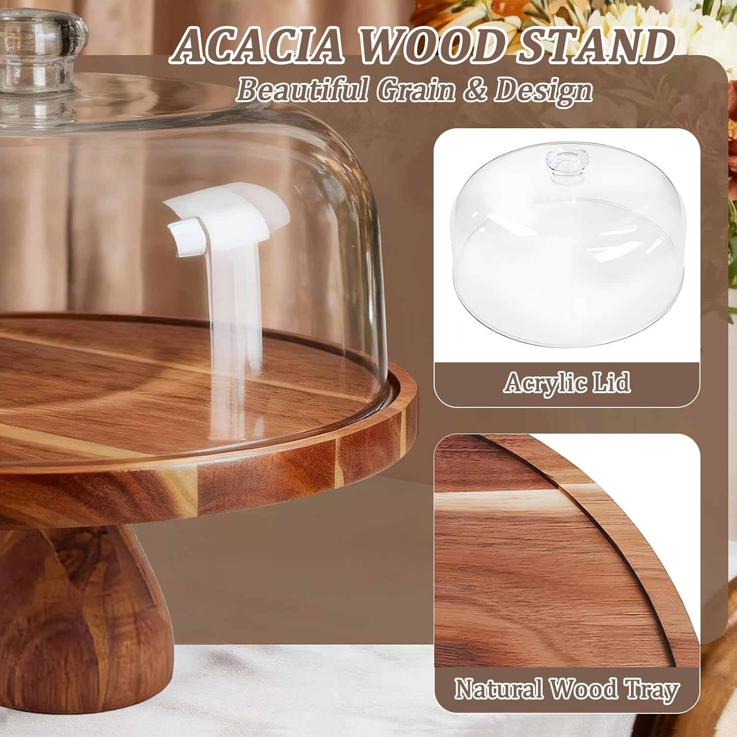 Cake Stand with Dome Lid, Acacia Wood Cake Plate with Footed, 2 in 1 Wooden Cake Display Stand for Wedding, Kitchen, Birthday, Parties, Baking image number 6