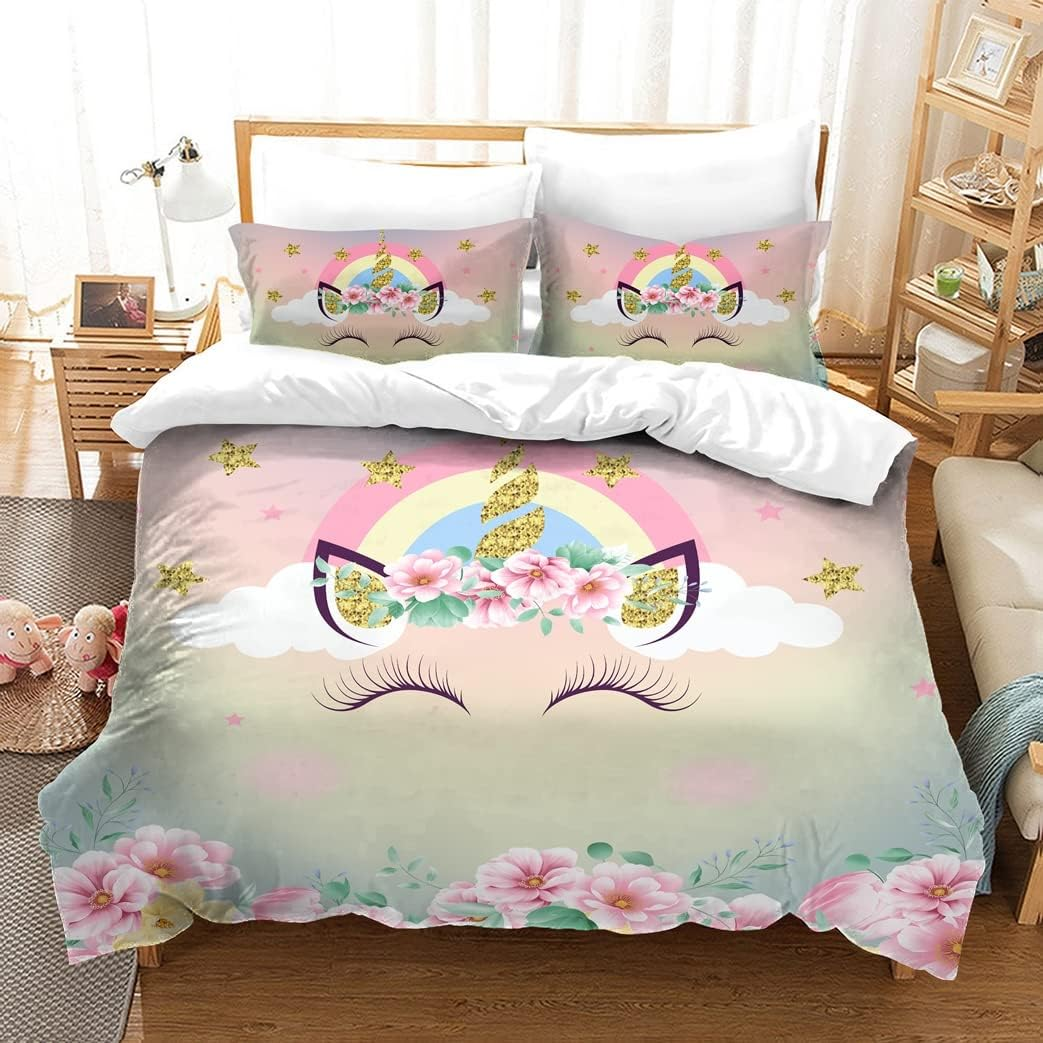 Happy Smiling Unicorn Quilt Doona Duvet Cover Set Single Double Queen Size Available Single, 1 Pillow Case image number 3