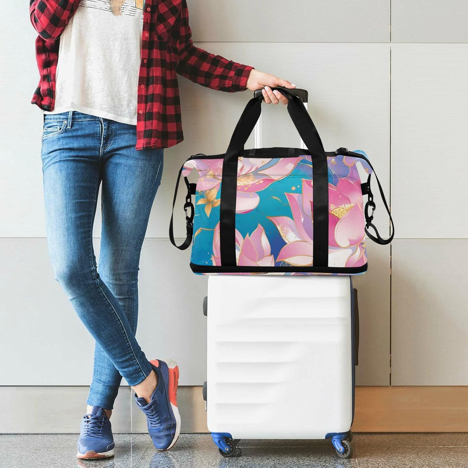 Rose Gold Flower Tote Bag Travel Weekender Gear Bag with Toiletry Bag for Travel Foldable, Rose Gold Flower, 1 Size image number 1