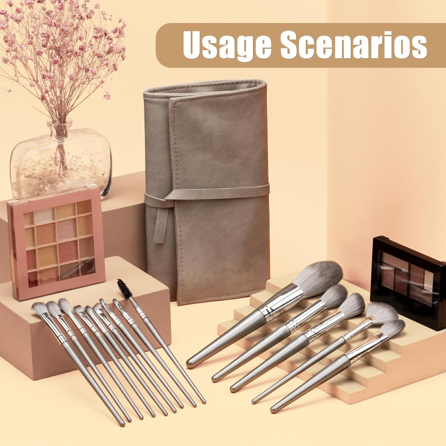 Makeup Brushes, 14 Pcs Professional Makeup Brush Set, Eye and Face Foundation Brush Set, Eyeshadow Brushes, Cosmetic Brushes, with PU Bag, Grayish image number 5