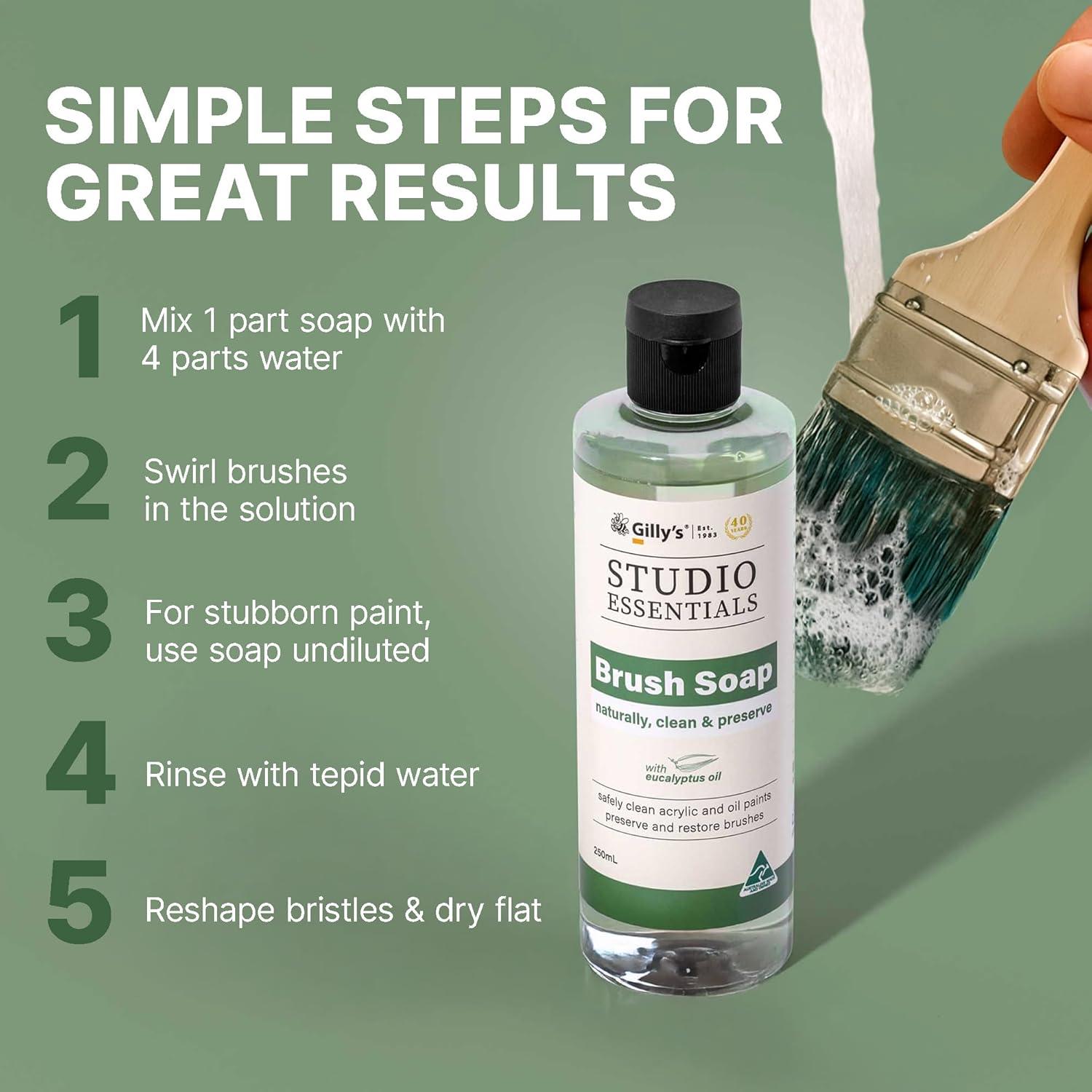 Gilly'S Brush Soap 250Ml - Plant-Based Cleaner with Eucalyptus Oil for Paint Brushes & Tools | Safe for Synthetic & Bristle Brushes, Acrylic, Oil, Chalk & Mineral Paints image number 6