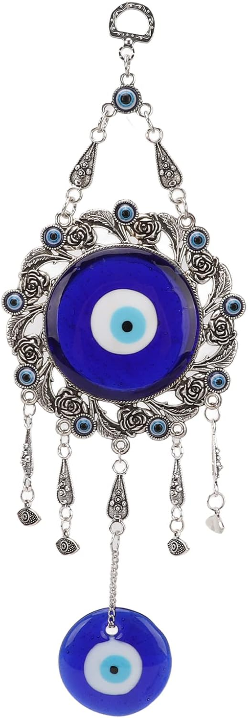 Turkish Glass Blue Evil Eye Wall Hanging Ornament, Hollow Flowers Wall Hanging Amulet, Delicate Blue Glass Metal Home Decor, Evil Eye Decor for Good Luck in the Office, Living Room, Bedroom(1#)