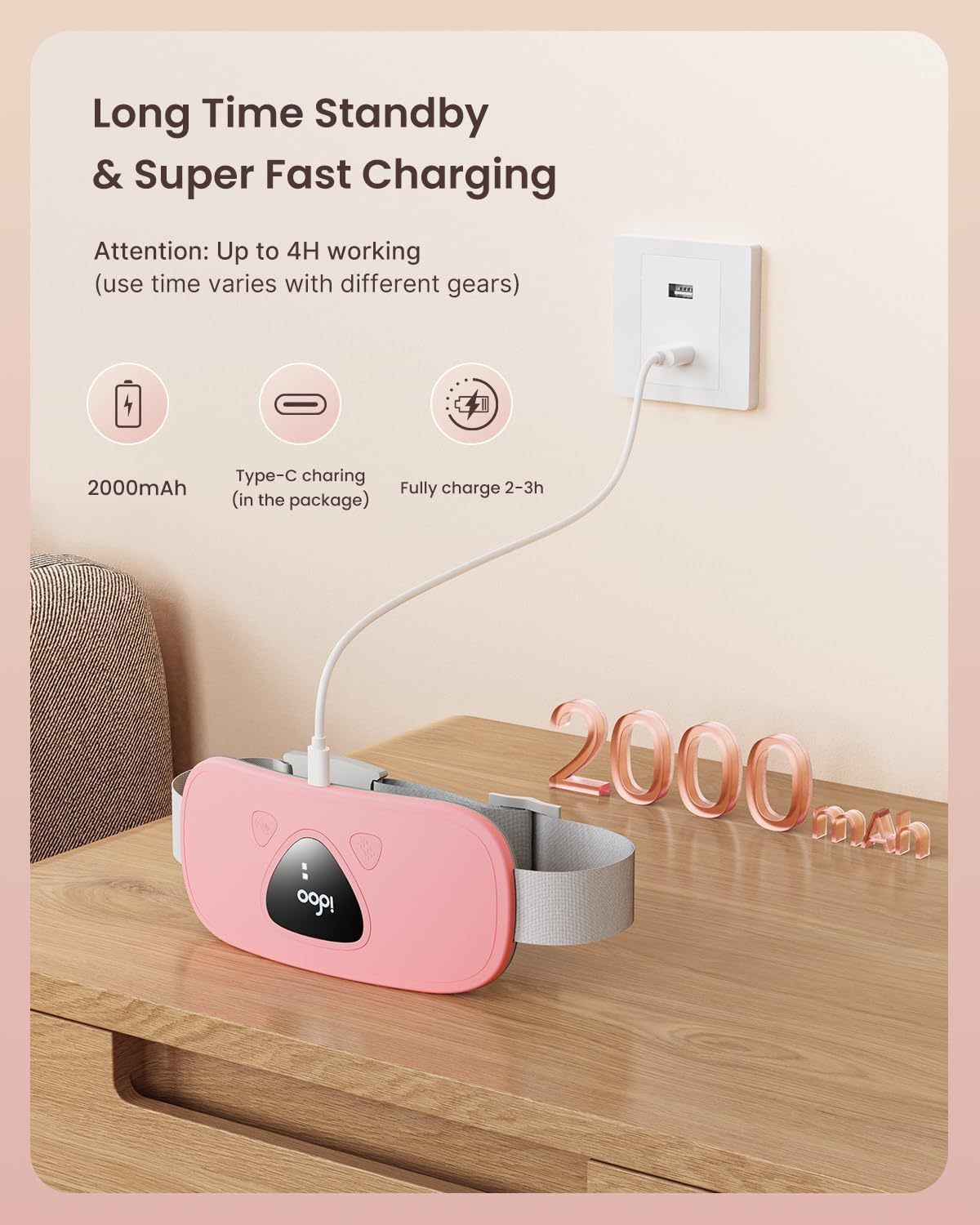 Idoo Large Heating Pad for Cramps, Cordless Portable Menstrual Heat Pack for Pain Relief with 3 Heat Levels and 3 Vibration Massage Modes, Fast Back or Belly Heating, Ideal Gifts for Women, Girls (Pink) image number 2