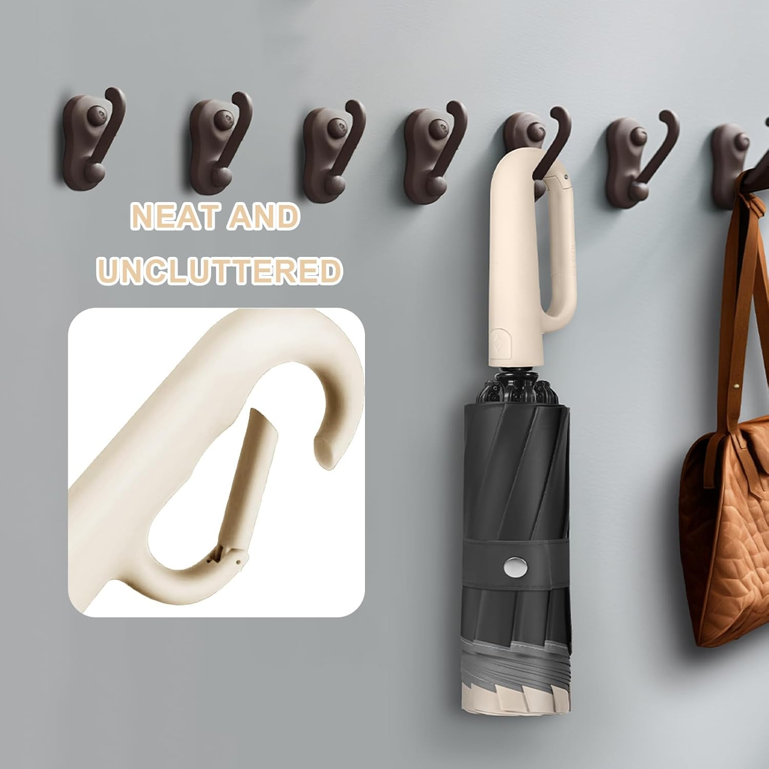 Folding Umbrellas, Automatic Extra Large Compact for Sun & Rain &ndash; Windproof Travel Parasol with Hooking Handle, Inverted Dry Close & Safety Reflective Strips (Beige) image number 1