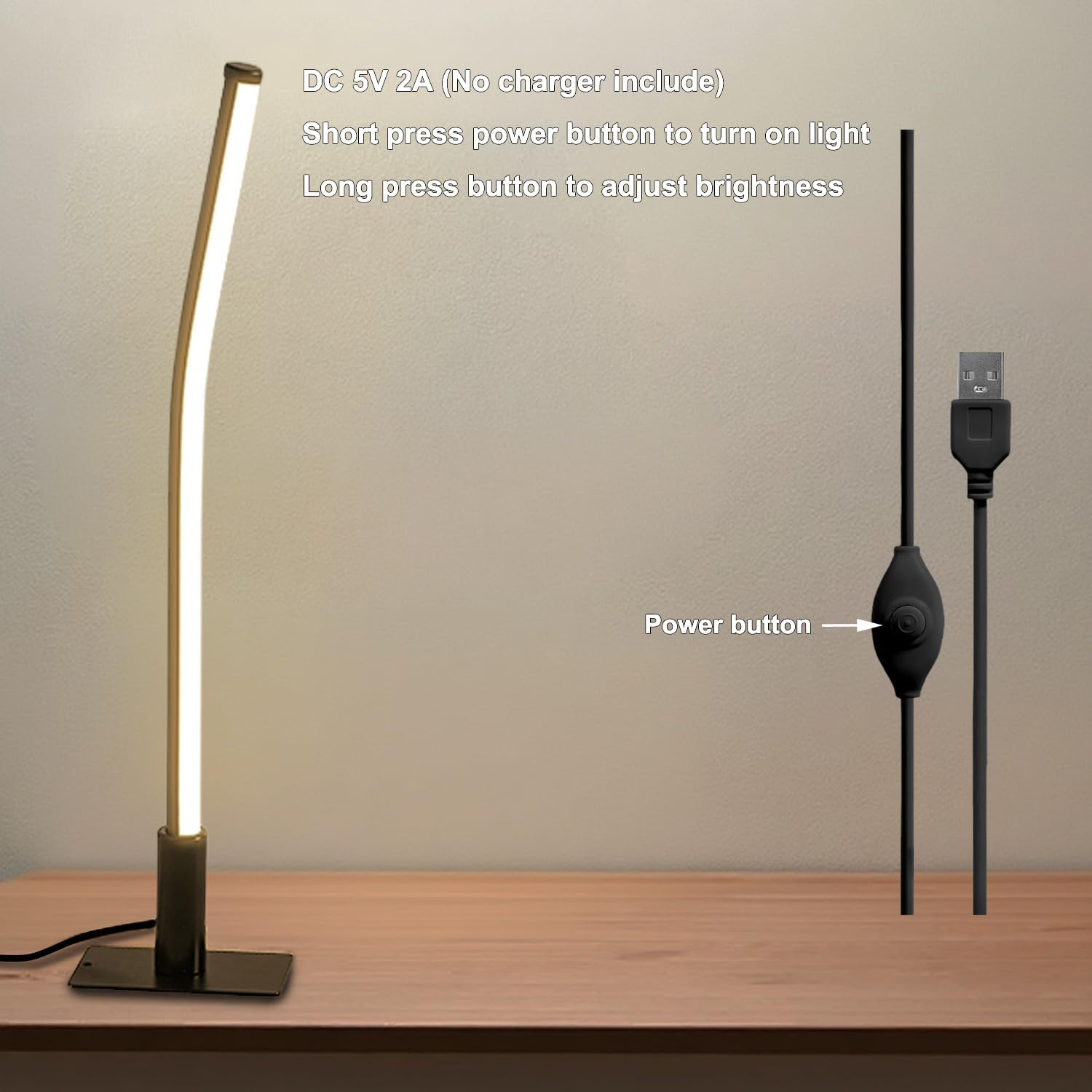 GEPROSMA Metal beside Lamp Table Lamp with Cable,Small Slim Desk Lamp Metal Base 44Cm,Modern Minimalist Design, Led Light for Bedroom Nightstand Living Room Home Office,3 Modes,Dimmable image number 5