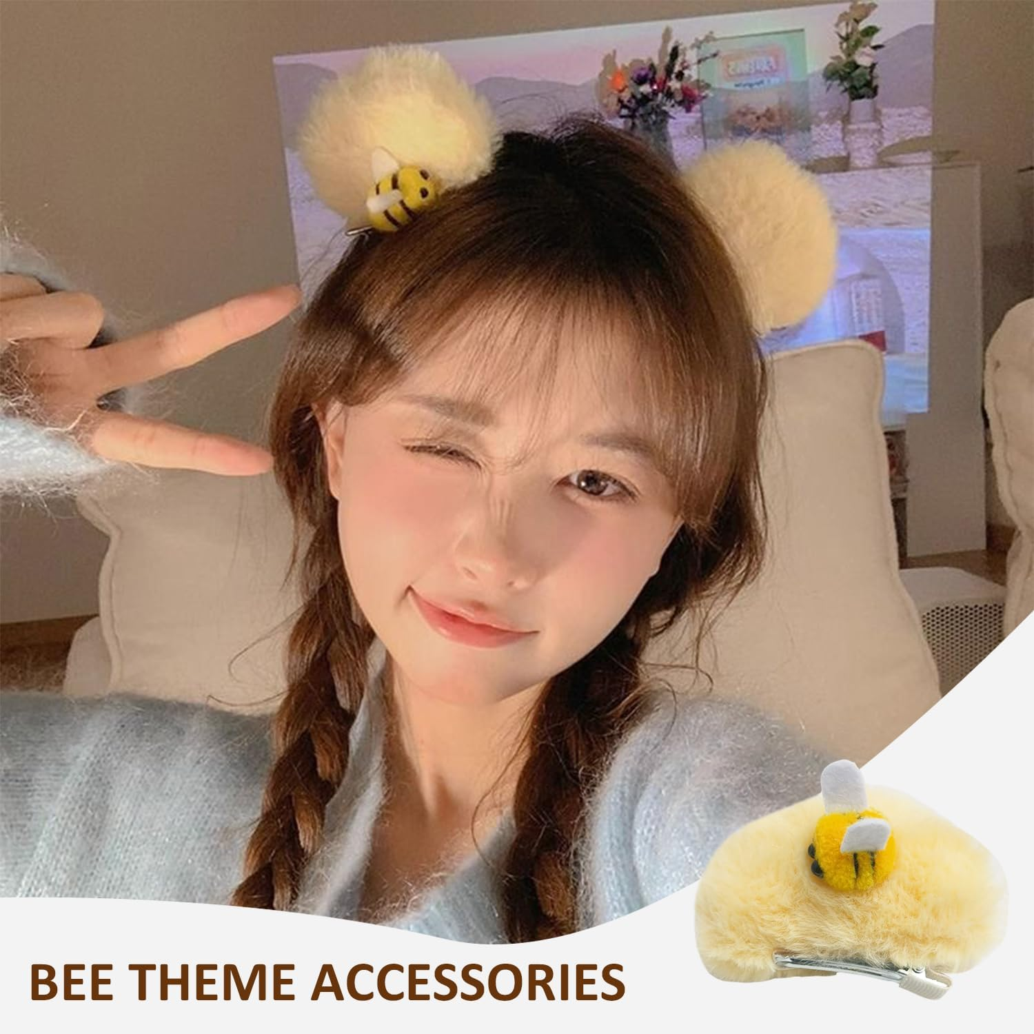 1 Headband, 1 Hairpin and 2 Hair Rings, Bee Theme Accessories, Cute Plush Hair Accessories, Clothing Accessories. image number 4
