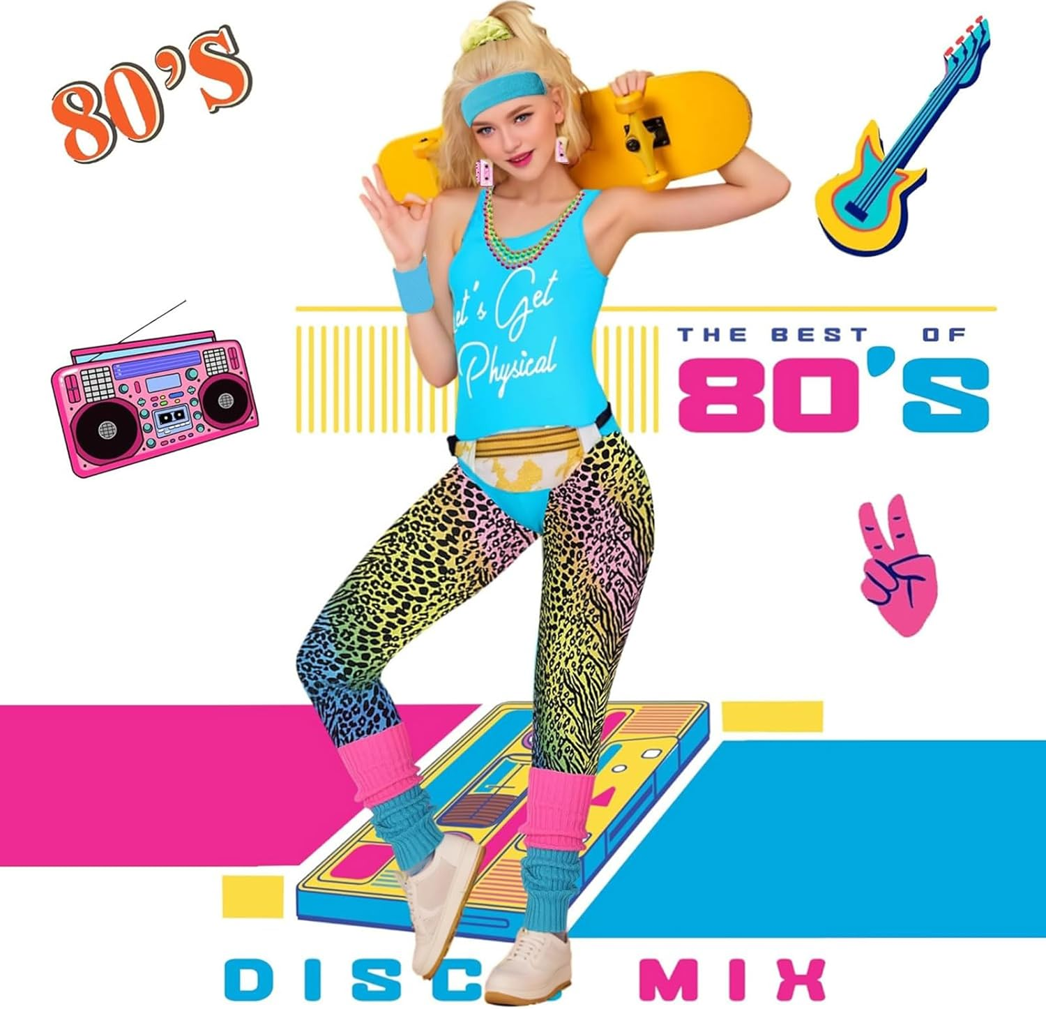 80S Costume Women 70S 90S Tracksuit Theme Neon Party Accessories Workout Outfit Clothes Women,Leg Warmer,Wristbands,Headband Halloween Cosplay image number 4