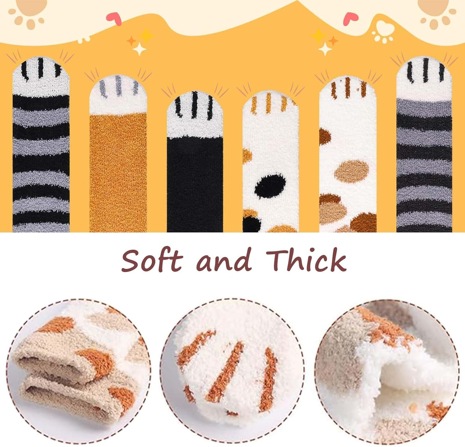 6 Pairs of Cat Socks - Therian, Fluffy, Non-Slip, Warm Bed, House Socks (36-42), Multicoloured, Medium
