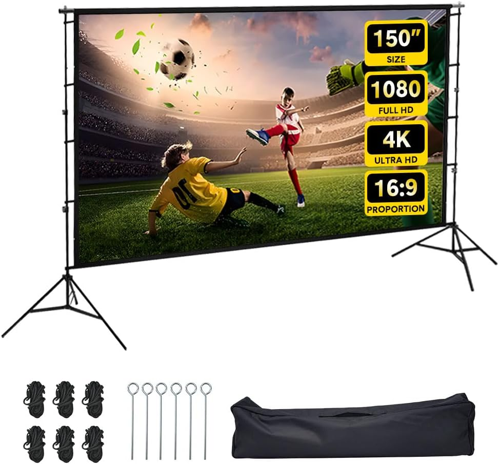ALSTON Projector Screen with Stand 150 Inch Projection Screen Stand,16:9 4K 1080 HD Height Adjustable 200-260Cm with 2 Tripod Stand and Storage Bag Indoor Outdoor image number 4