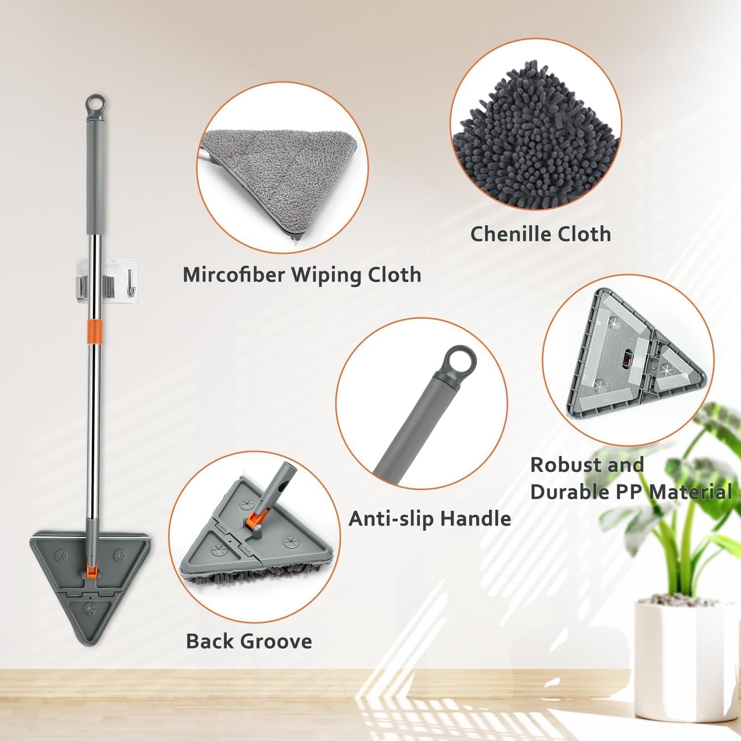 Wall Cleaner Mop with Long Handle, Baseboard Cleaner Tool with Handle, 180&deg; Folding Ceiling Tool Duster with Squeegee for Cleaning Baseboard, Wall, Ceiling, Window,Floor,8 Replacement Cleaning Pads image number 4