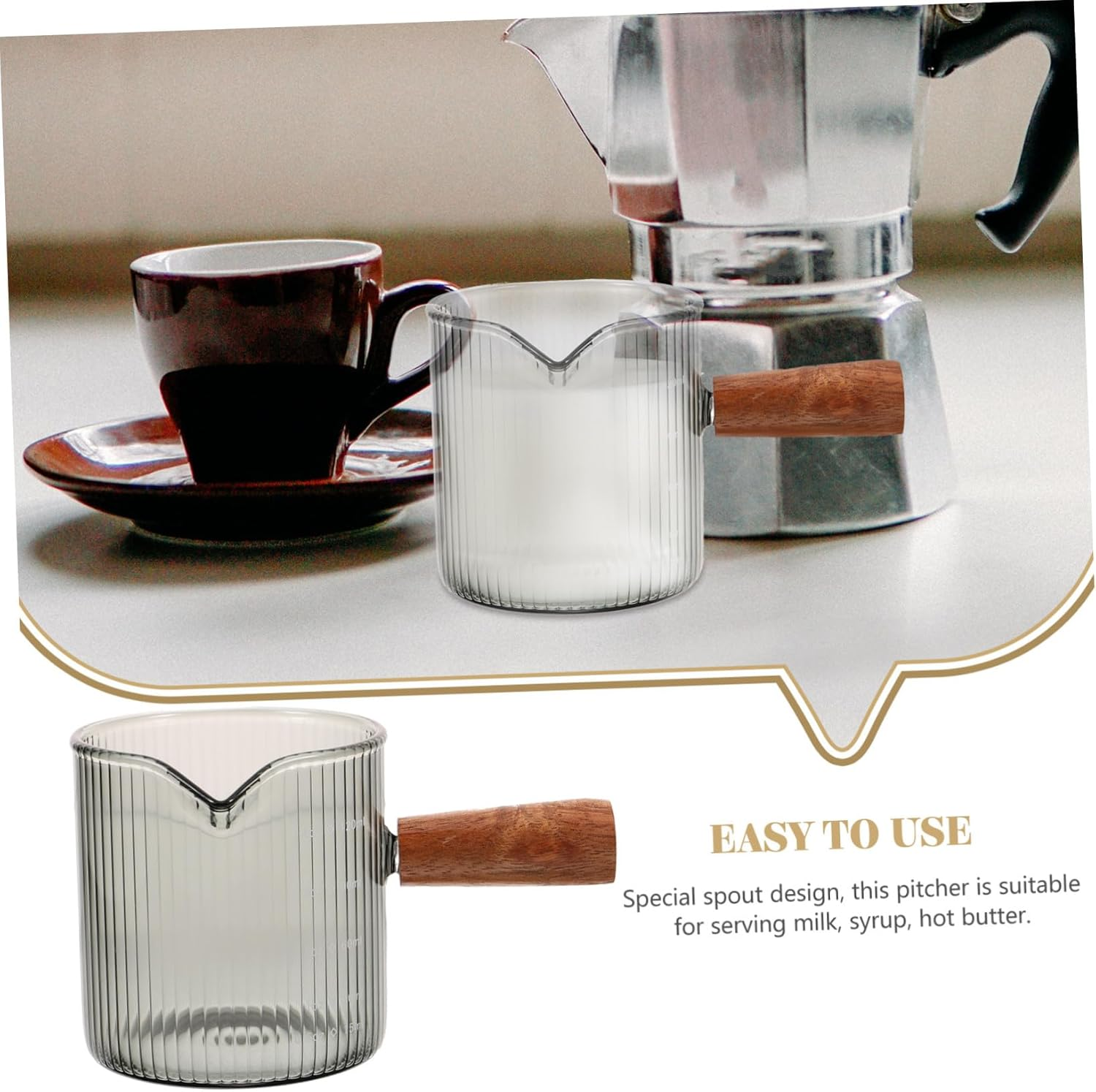 OFFSCH Heat-Resistant Espresso Glass Milk Pourer with Comfortable Wooden Handle Mini Measuring Cup for Coffee Latte Tea and Hot Brewing Easy-Pour Spout for Home and Travel Use image number 3