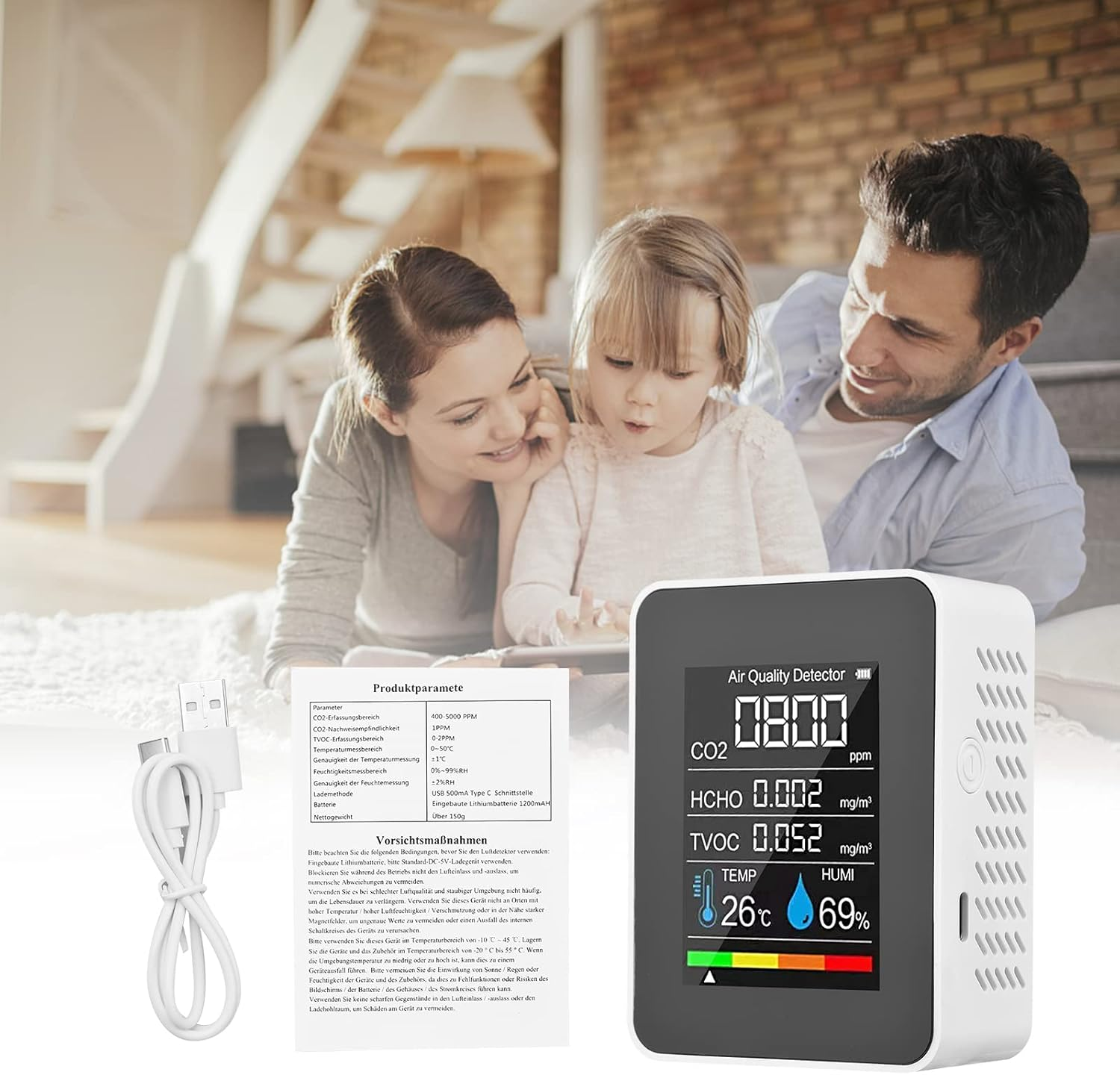 Portable Air Quality Monitor Indoor CO2 Detector 5 in 1 Formaldehyde HCHO TVOC Tester LCD Temperature Humidity Tester Reable CO2 Alarm Meter for Room Office Greenhouse Warehouse image number 3