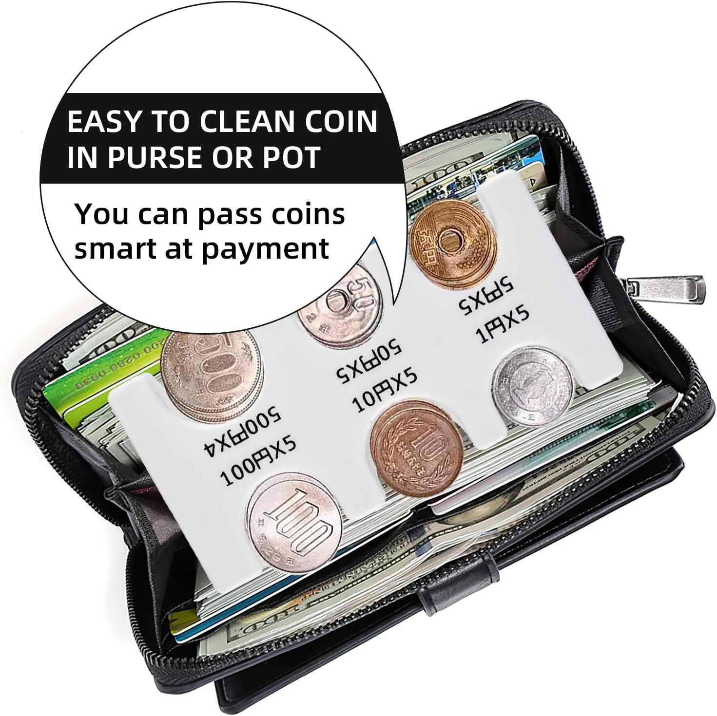 Japanese Yen Coin Holder Hard Case Organizer and Storage for Coins Rectangle JPY Coin Organiser and Dispenser, Plastic Coin Sorter Wallet, White, Storage image number 3