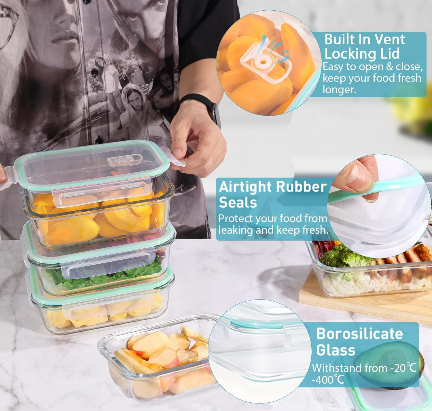 Feshory 10 Pack Glass Food Storage Containers (1040ML&370ML) with Plastic Lids - Glass Meal Prep Food Containers Safe for Microwave, Freezer, Dishwasher, Kitchen Storage & Organisation image number 2