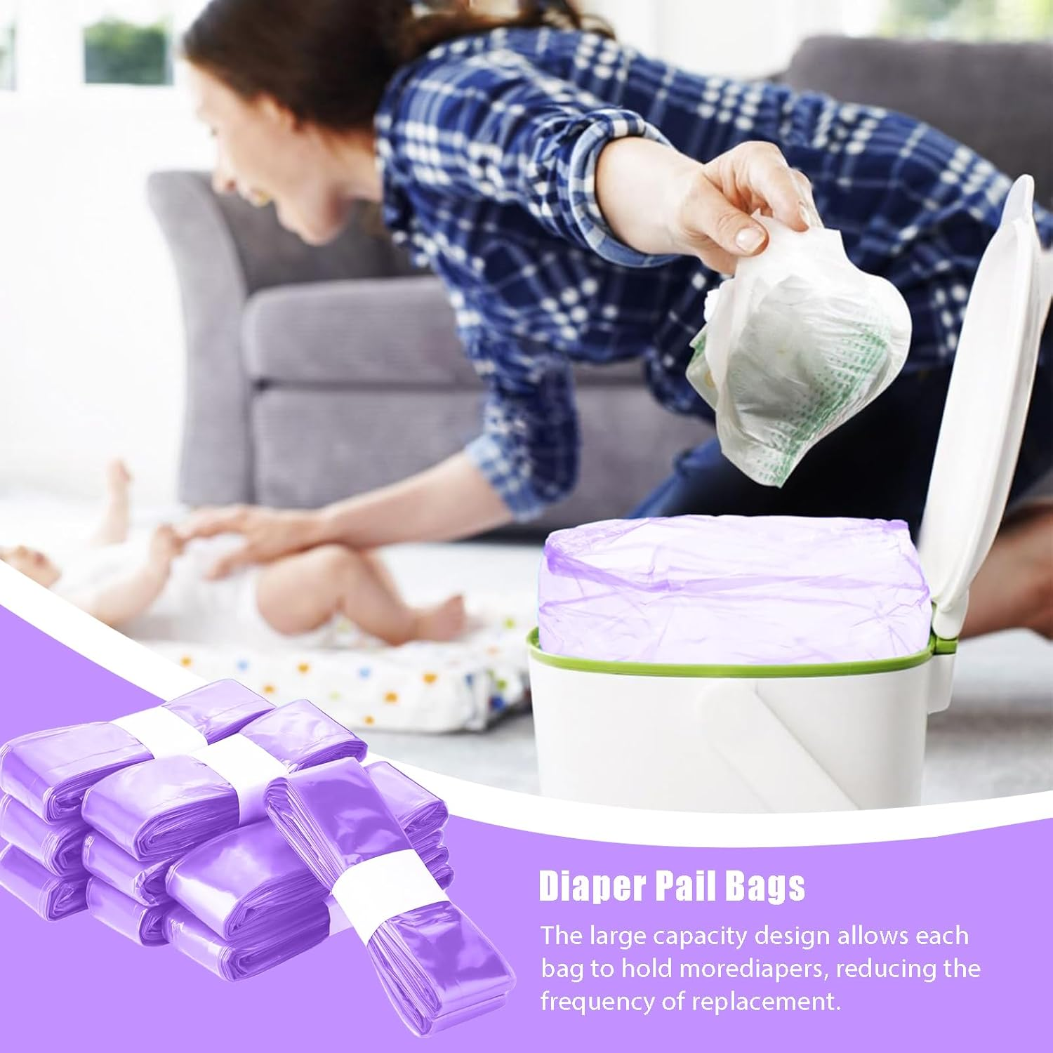 12-Pack Nappy Bin Refill Bags, 4.5M Baby Diaper Bucket Bag Liner Bucket, Eco-Friendly Odor-Proof Diaper Refill Box,Compatible with Angelcare/Tommee Tippee Twist & Click Sangenic (Purple) image number 5