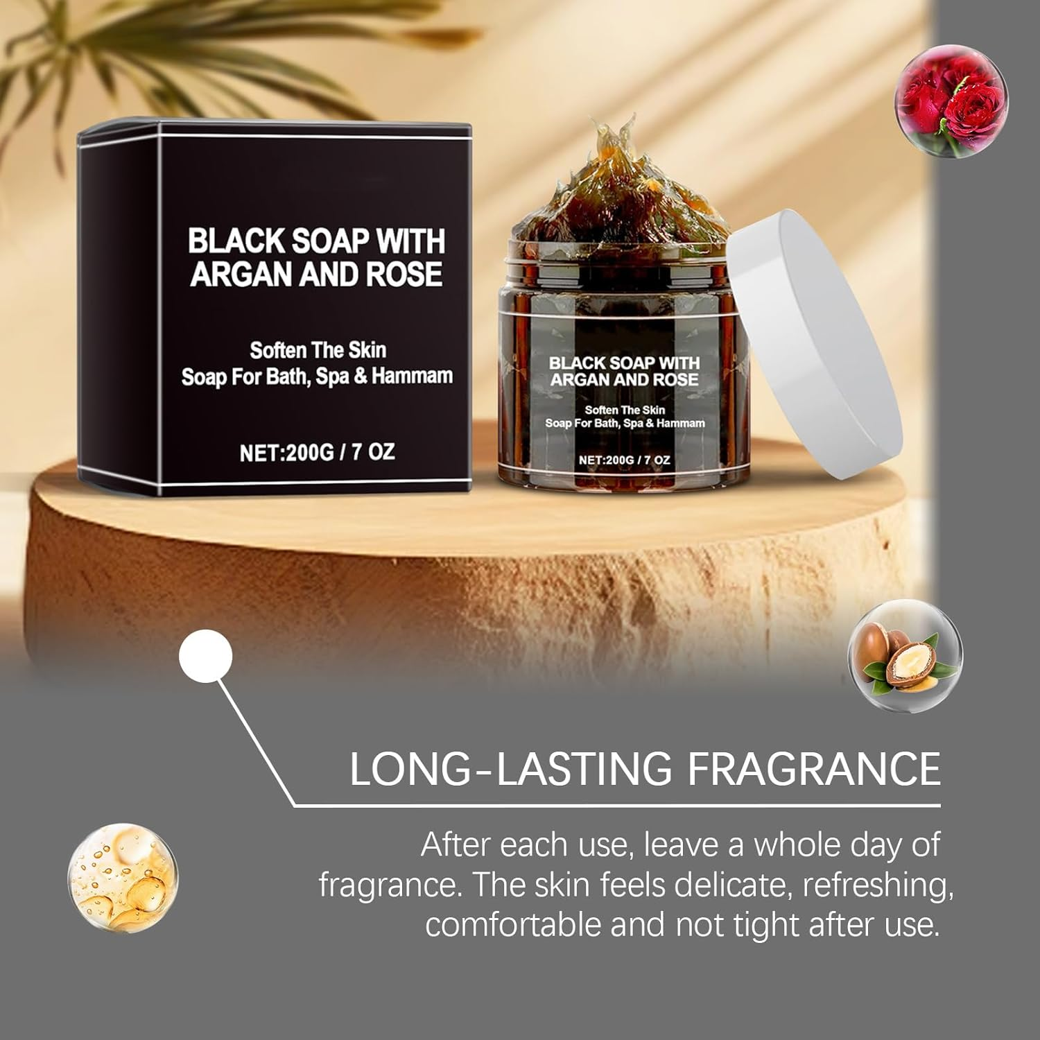 Black Soap with Argan and Rose, Exfoliating Body Cleanser, Gentle Cleansing, 100% Natural, Hydration & Moisturizing, Soften the Skin, Black Soap for Bath, Spa & Hammam, Fresh Fragrance (1Pcs) image number 6