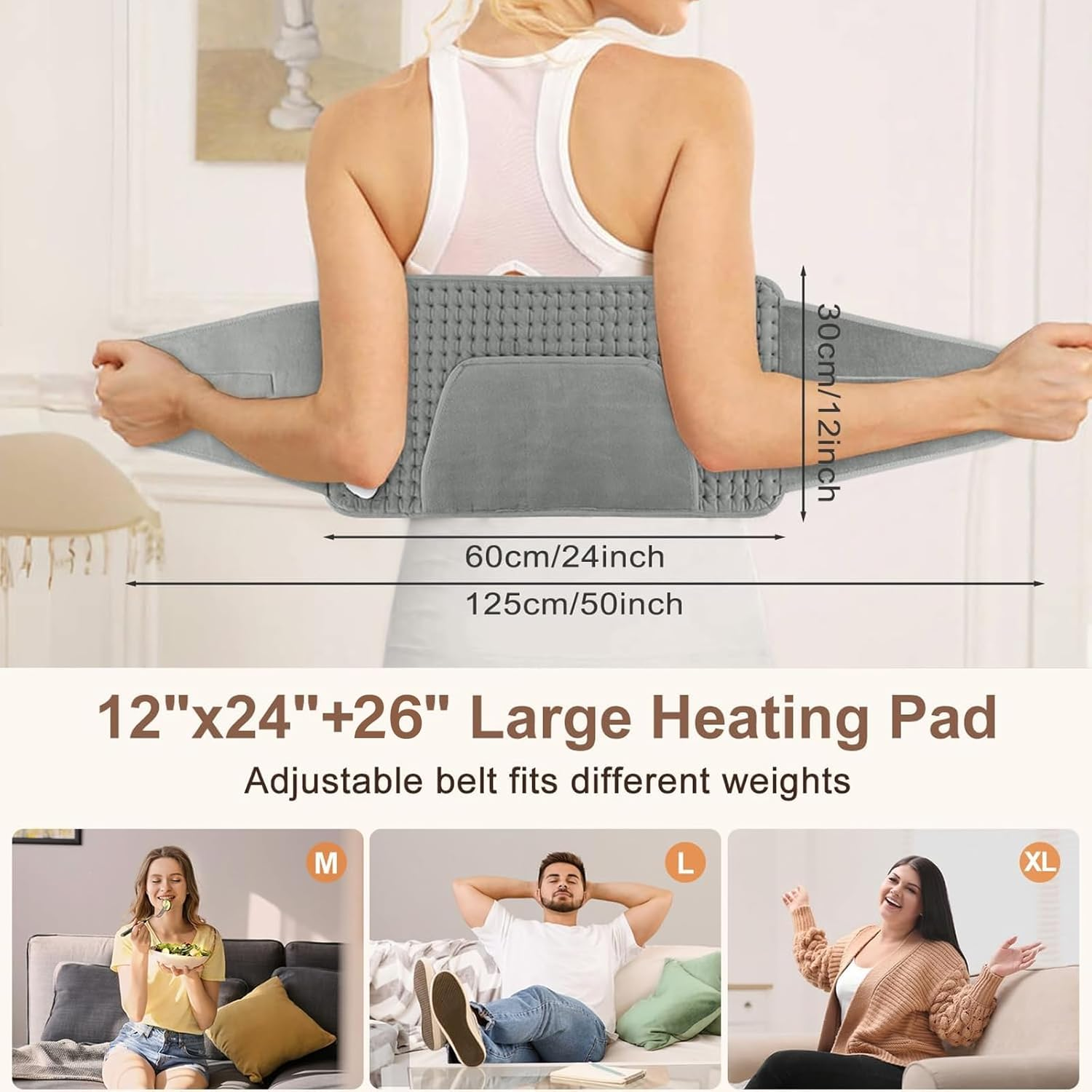 Heating Pad for Back Pain Relief, 30X125Cm Waist Heating Pad, 10 Heating Levels, 4 Timer Setting and Auto Shut Off, Machine Washable, for Period Cramps, Neck Abdominal Shoulder Pain image number 4