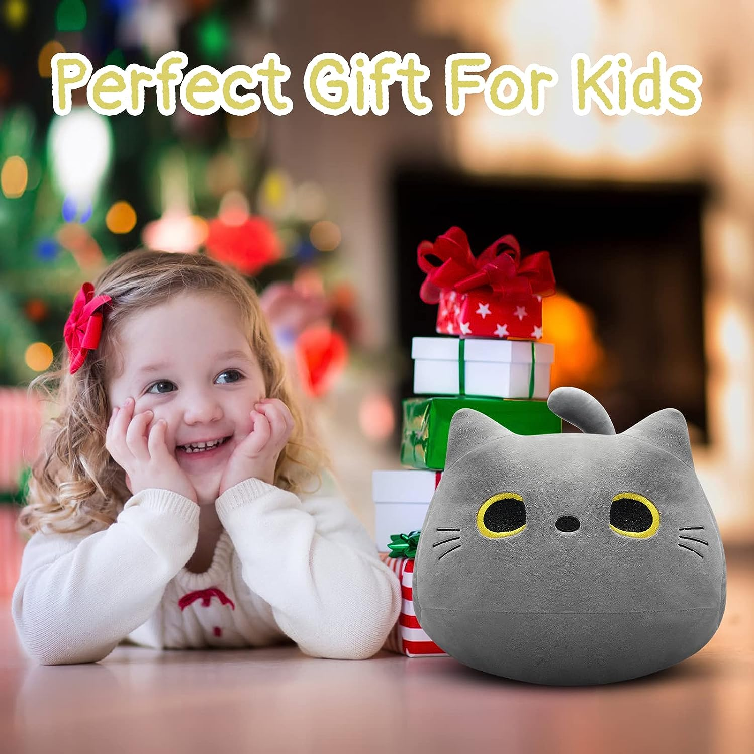 Gray Cat Plush Pillows Toys, 12'' Kawaii Stuffed Animals Cute Soft Plushie Pillow Toys for Birthday Christmas Halloween Kids Gifts Home Car Decoration ,Grey HMHMPR-001 image number 1