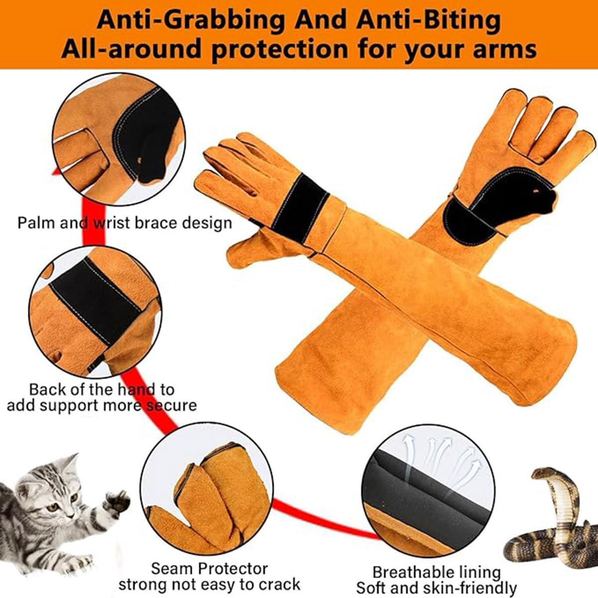 Ariv Hommey 45Cm Animal Handling Gloves Bite Proof Double Leather Reinforced Padding Dog,Cat Scratch,Bird Handling Falconry Gloves Grabbing Reptile Squirrel Snake Bite Extra Heat Protection image number 5