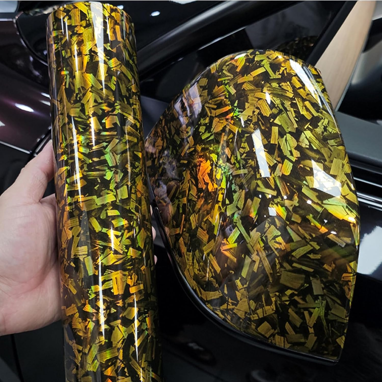 Gold Forged Gloss Carbon Fiber Car Vinyl Wrap Roll Air Release Adhesive Film Decal Sheet DIY Decor