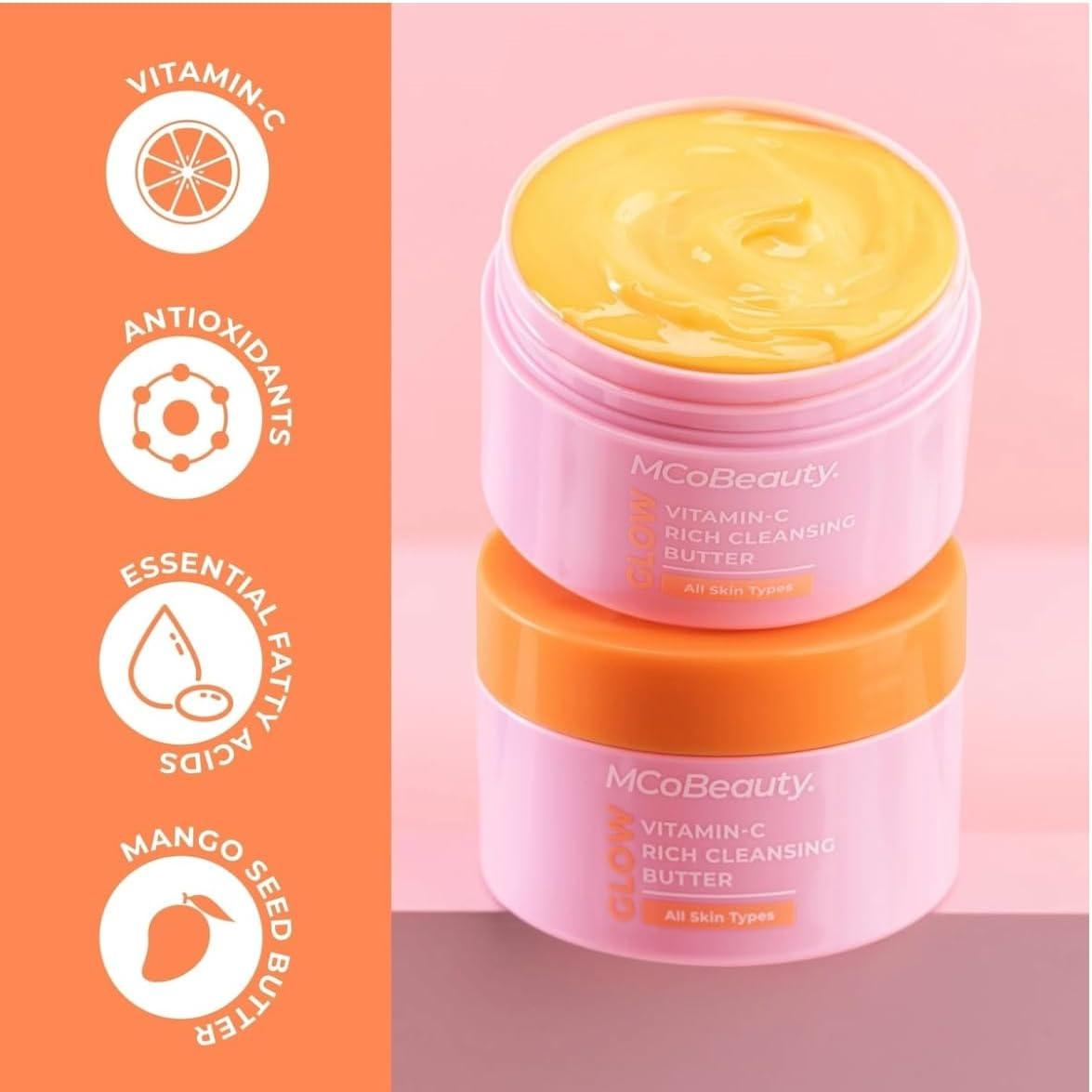 Mcobeauty Vitamin-C Rich Cleansing Butter, GLOW (90 G) &ndash; All Skin Types, 3-In-1 Brightening Face Cleanser, Makeup Remover Balm & Hydrating Moisturising Mask with Mango Seed Butter, Antioxidants & Vitamin C Glow Skincare image number 3