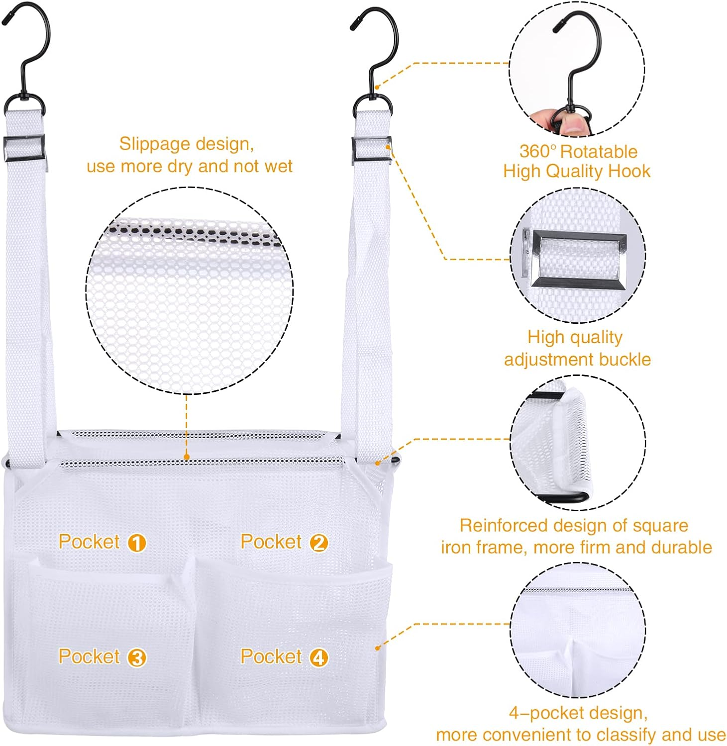 Hanging Mesh Shower Caddy College with Hooks, Bath Baskets Organizer Storage with 4 Pockets for College Dorm Rooms, Gym, Swimming and Travel (White) - White image number 5