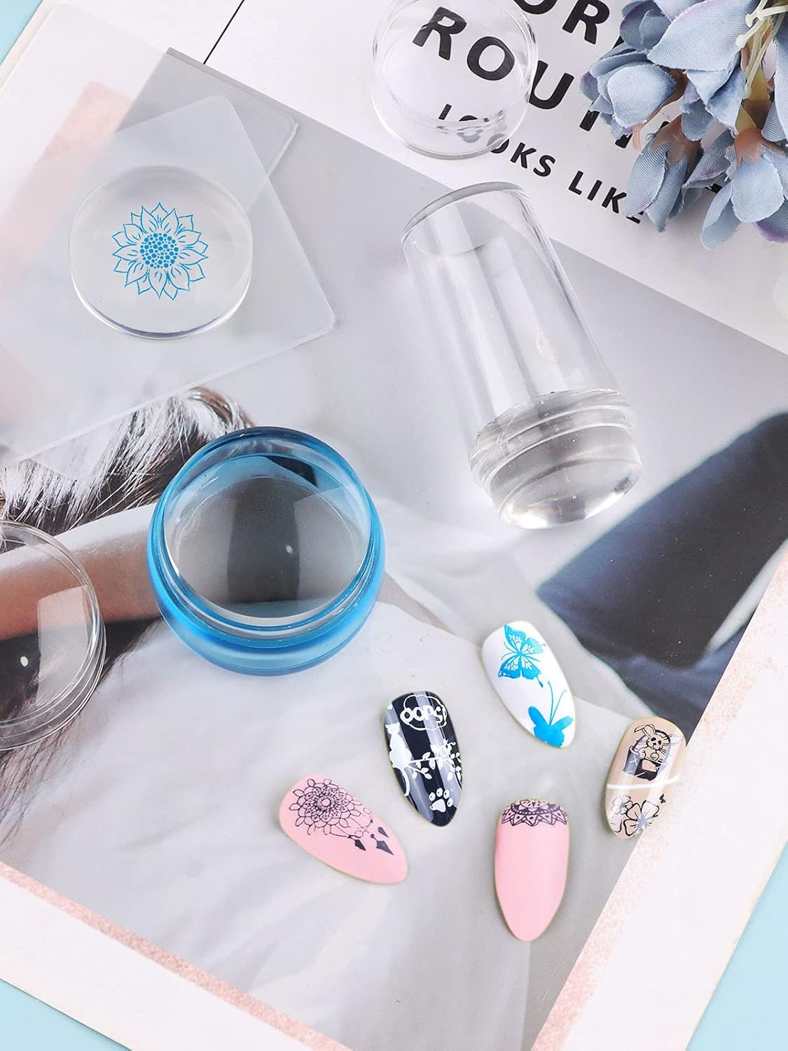 2 PCS Nail Art Stamper Kit, EBANKU Blue Clear Silicone Nail Art Stamping Transparent Soft Nail Art Jelly Stamper for Manicure Tools (2 Styles)