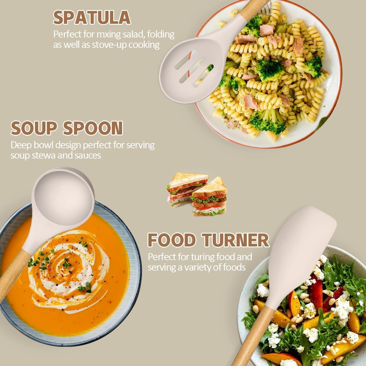 Kitchen Utensil Set Silicone Cooking Utensils Umite Chef 24 Pcs Kitchen Utensils Tools Wooden Handle Spoons Silicone Utensil Set Spatulas Set Cookware Turner Tongs Whisk Kitchen Gadgets with Holder - Colorful image number 6