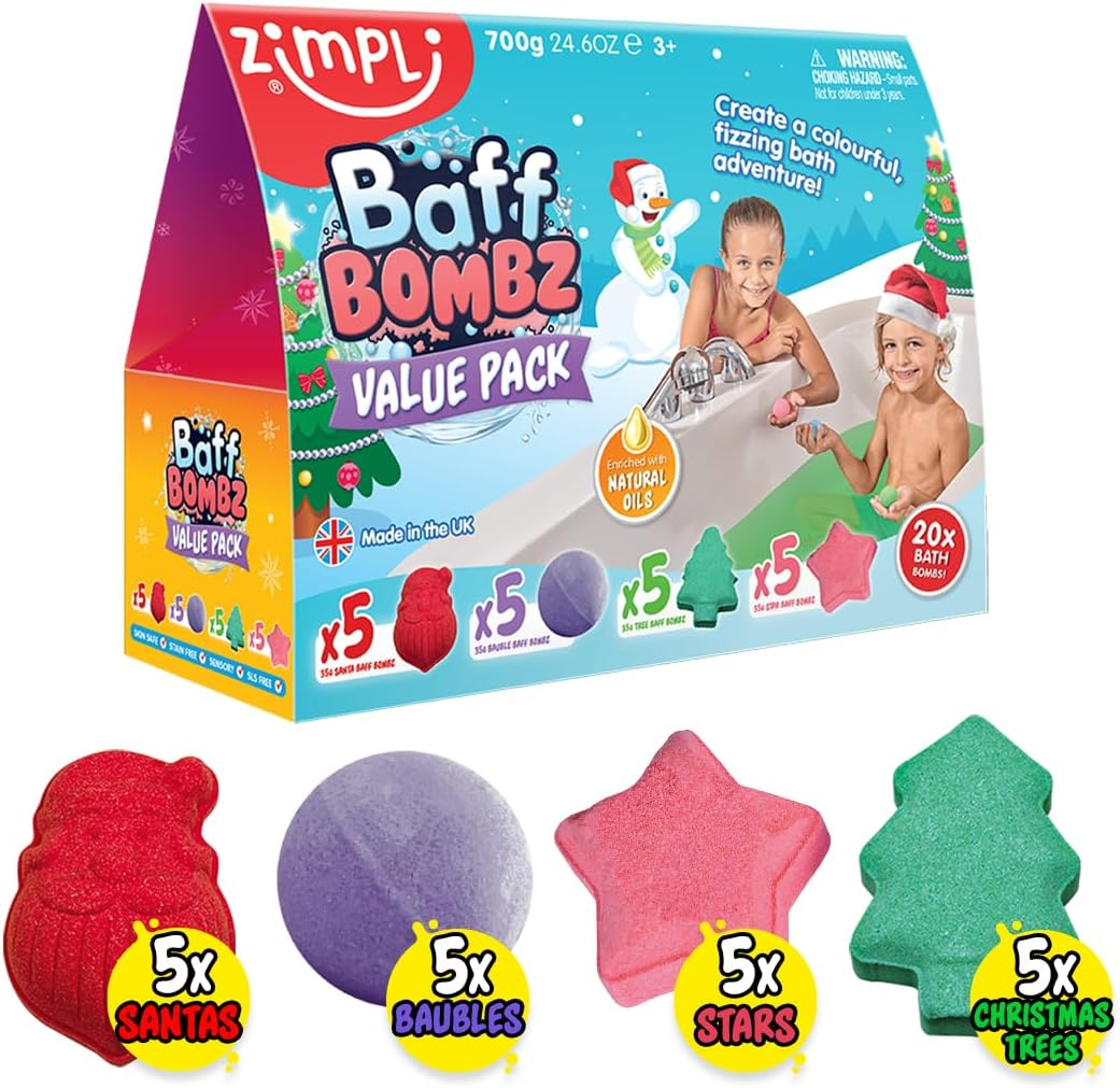 Zimpli Kids 20 X Bath Bomb Xmas Value Pack From, Set for Children, Xmas Presents for Boys & Girls, Vegan Friendly & Cruelty Free