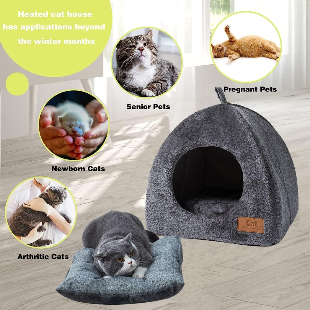 2 in 1 Foldable Cat Bed, Cat House for Indoor Kitten and Small Dog, Self-Warming Indoor Cats Cave with Removable Cushioned Pillow, Triangle Cat Cave Bed