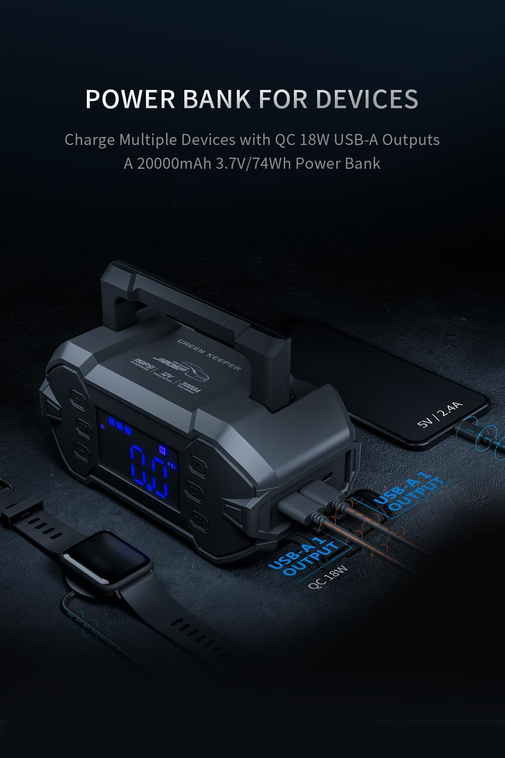 Car Jump Starter 3000A with Air Compressor 12V Portable Battery Jumper for 8.0L Gas & Diesel Engines, Battery Booster Box with Power Bank, High-Efficiency Tire Inflator Emergecy Kit with Led-Lights image number 4