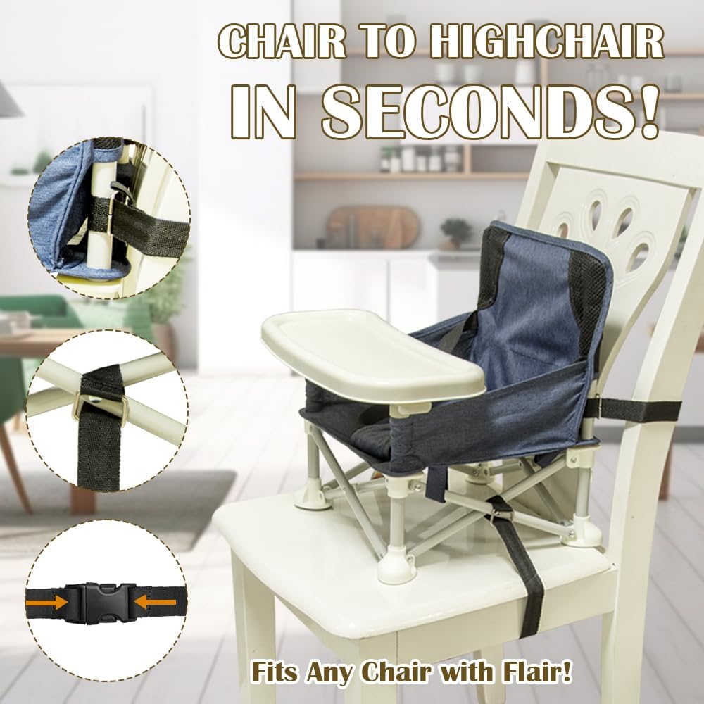 TINY SPARK Travel Booster Seat Portable Baby Chair Foldable Highchairs Booster Seats with Tray for Dining Table Camping Beach (Blue with Reinforced Corners) image number 4