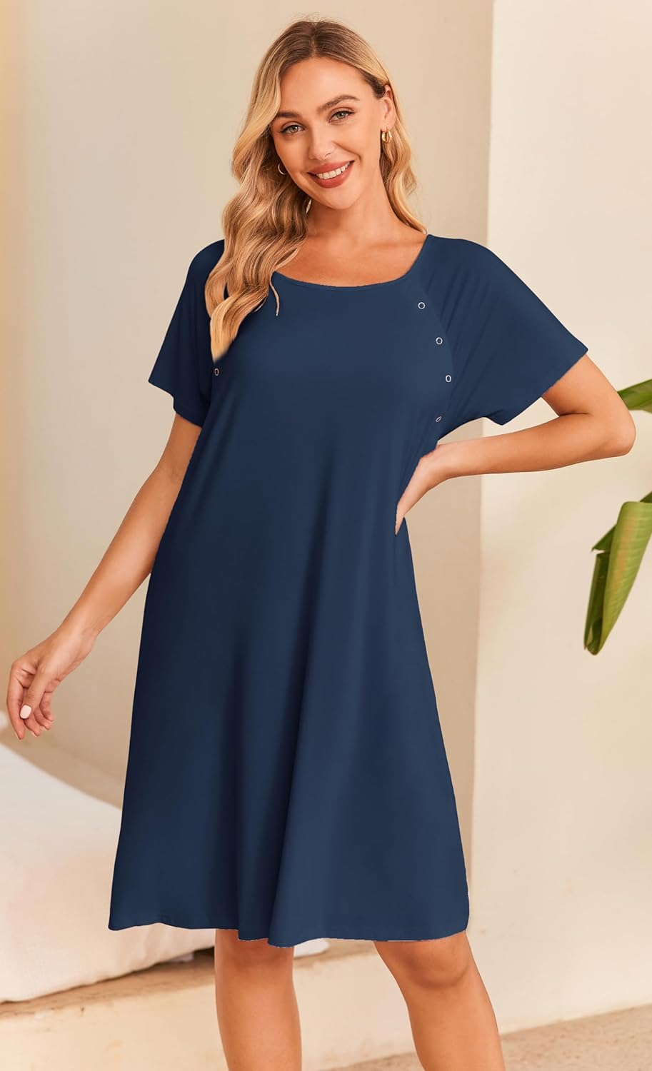 Ekouaer Women&rsquo;S Nursing/Delivery/Labor/Hospital Nightdress Short Sleeve Maternity Nightgown with Button S-XXL image number 5